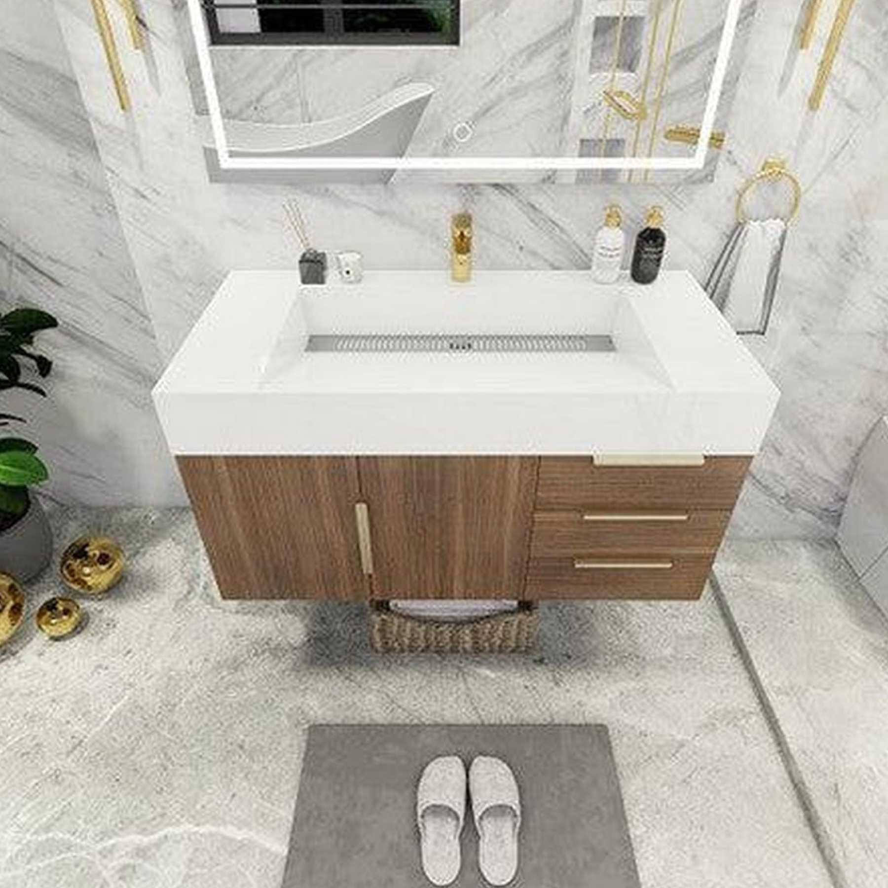 Elara 42" Rosewood Wall-Mounted Vanity With Right Side Drawers and Single Reinforced White Acrylic Sink