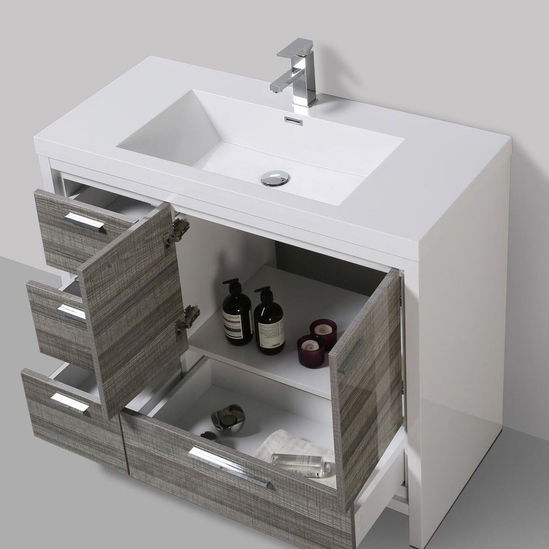 Amara 42" High Gloss Ash Gray Freestanding Vanity With Left Side Drawers and Single Reinforced White Acrylic Sink