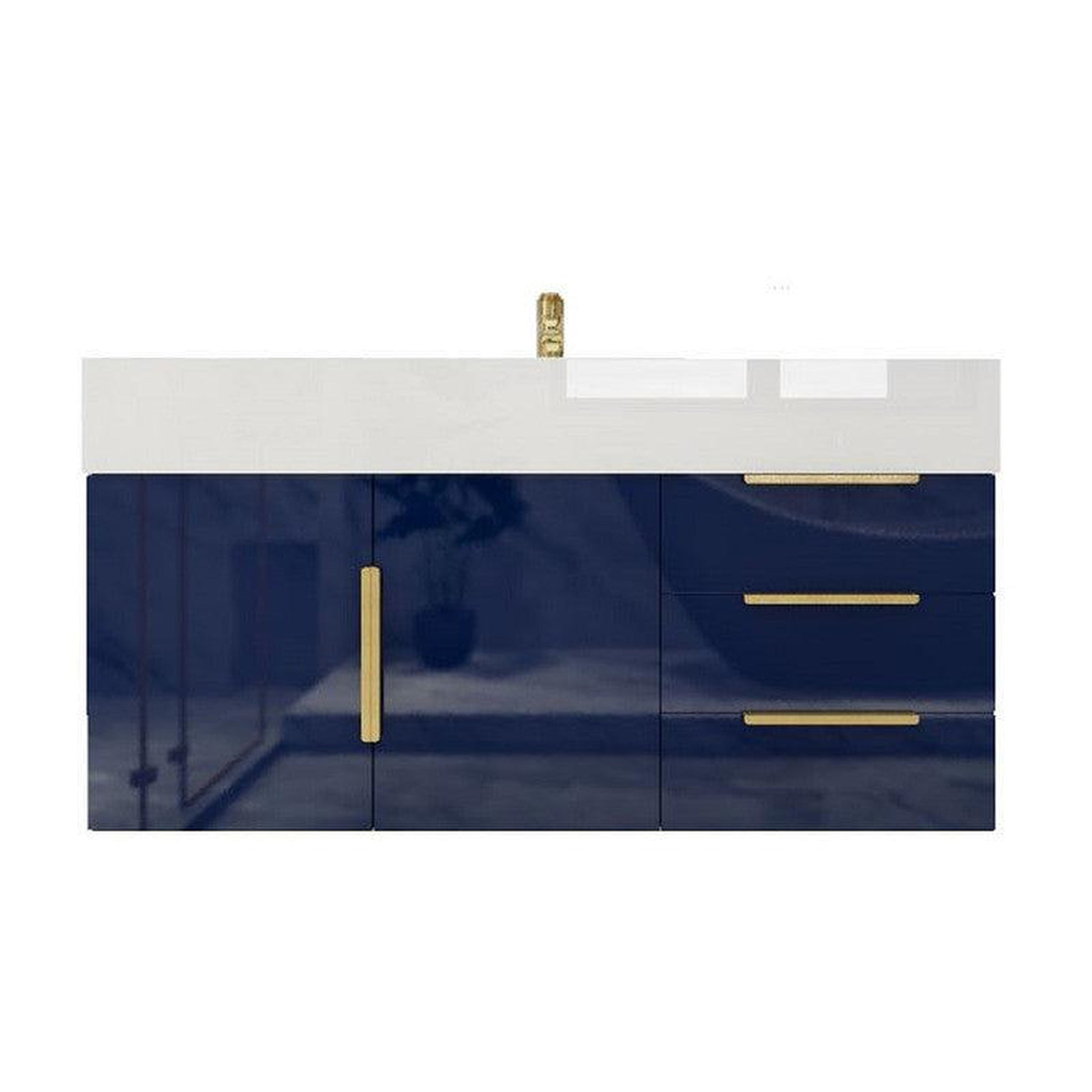 Elara 42" High Gloss Night Blue Wall-Mounted Vanity With Right Side Drawers and Single Reinforced White Acrylic Sink