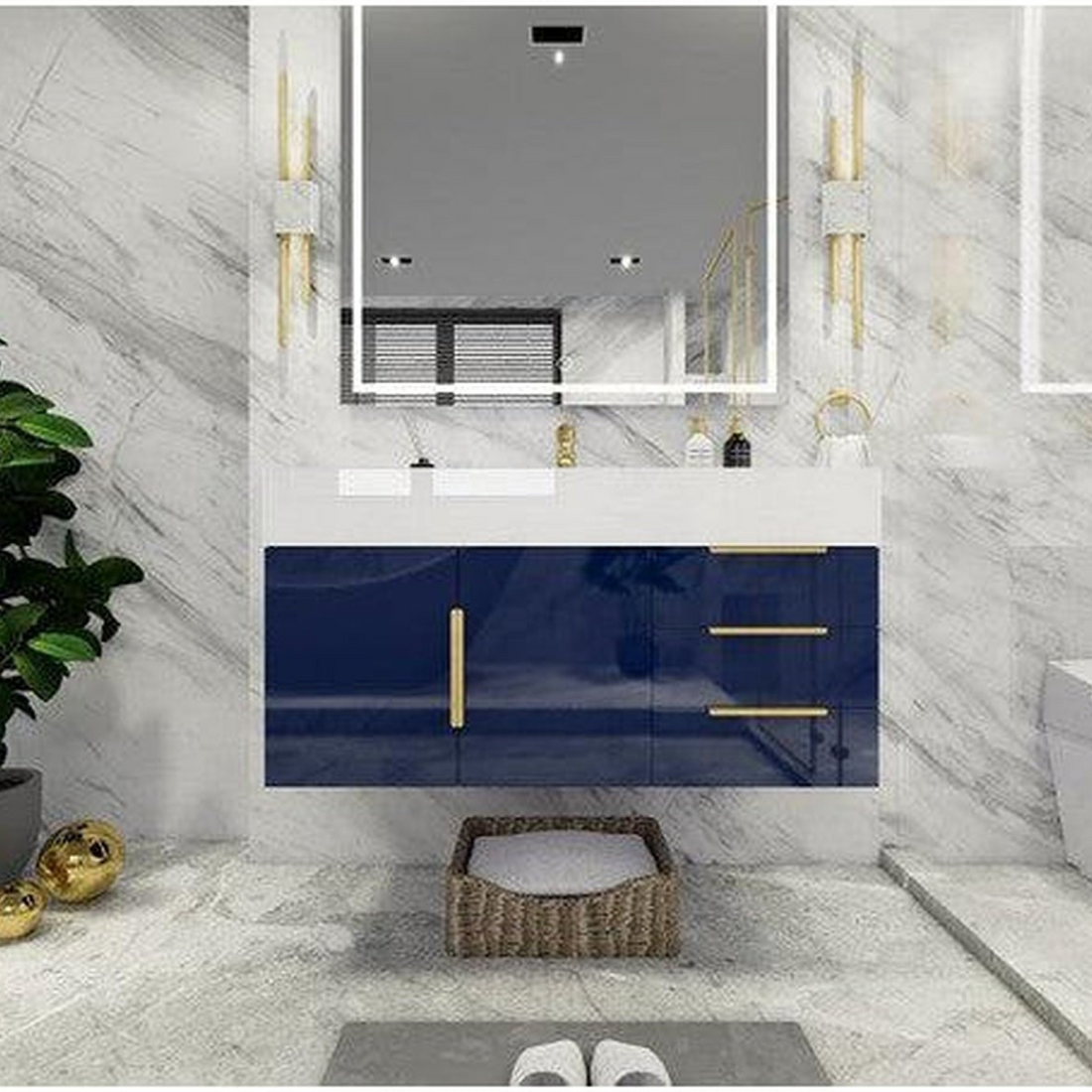 Elara 42" High Gloss Night Blue Wall-Mounted Vanity With Right Side Drawers and Single Reinforced White Acrylic Sink