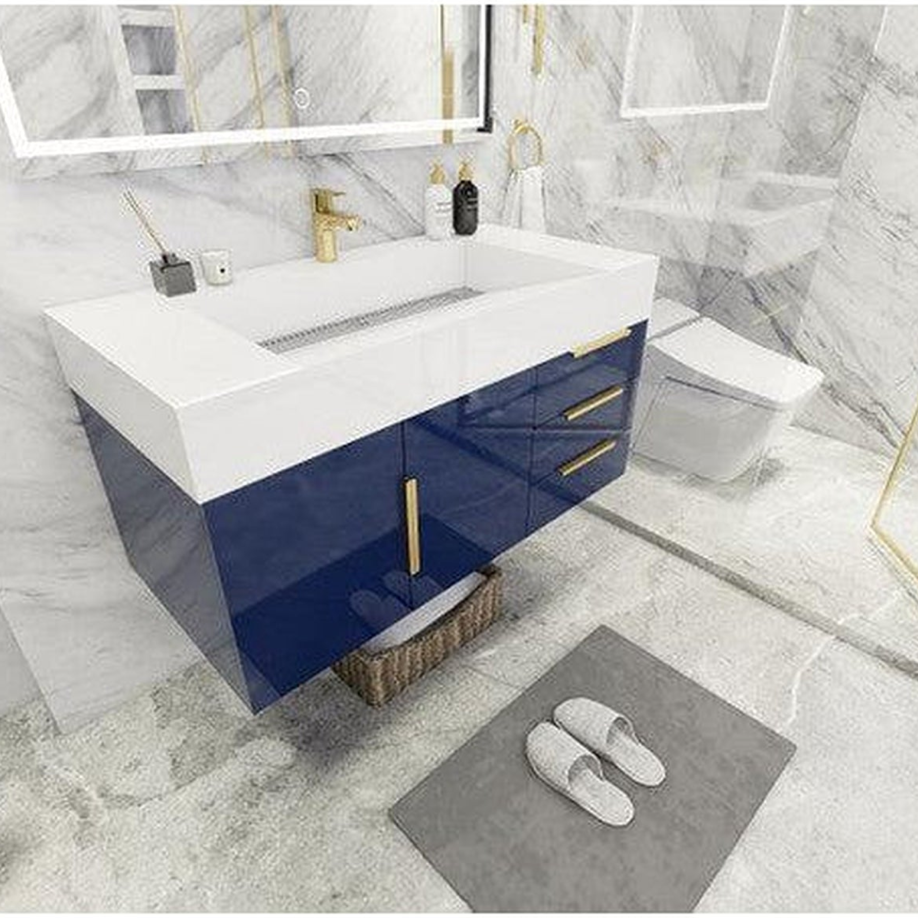 Elara 42" High Gloss Night Blue Wall-Mounted Vanity With Right Side Drawers and Single Reinforced White Acrylic Sink