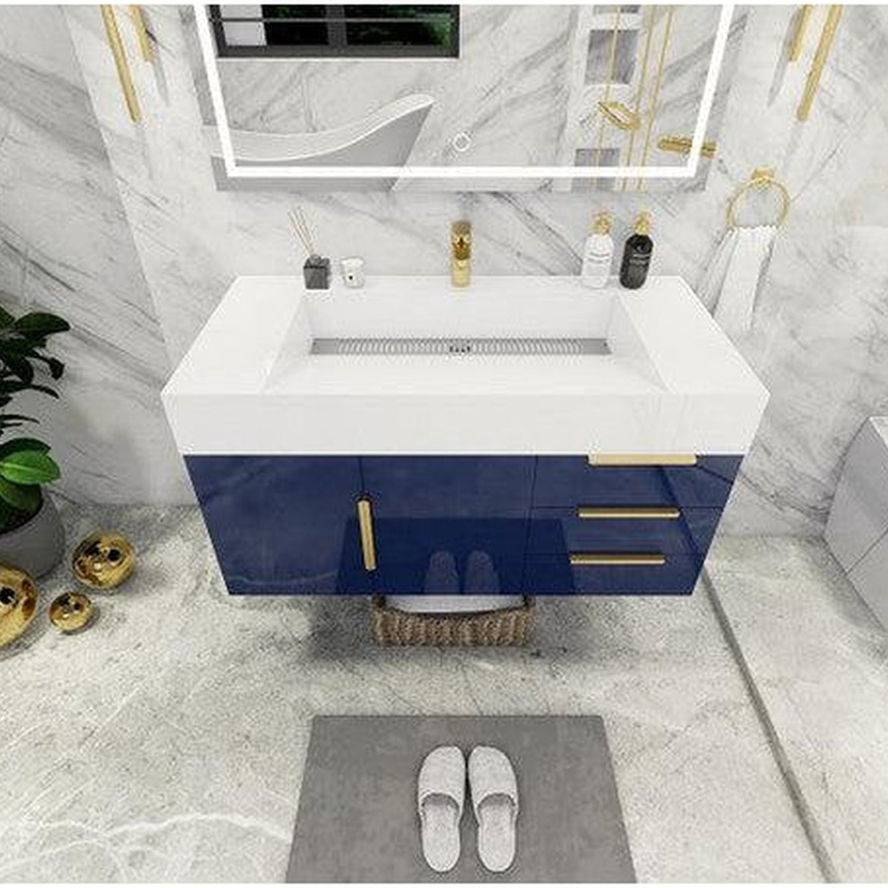 Elara 42" High Gloss Night Blue Wall-Mounted Vanity With Right Side Drawers and Single Reinforced White Acrylic Sink