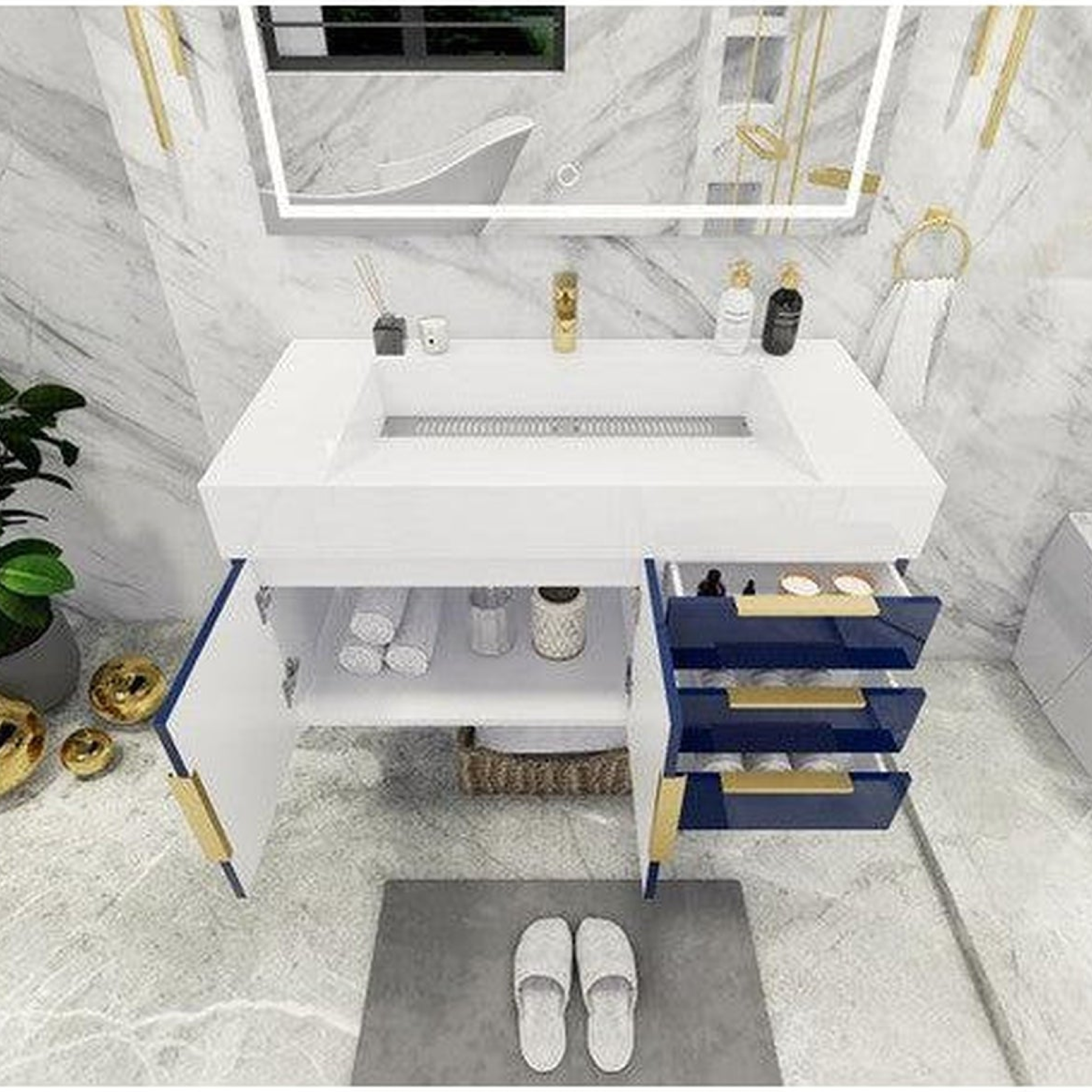 Elara 42" High Gloss Night Blue Wall-Mounted Vanity With Right Side Drawers and Single Reinforced White Acrylic Sink