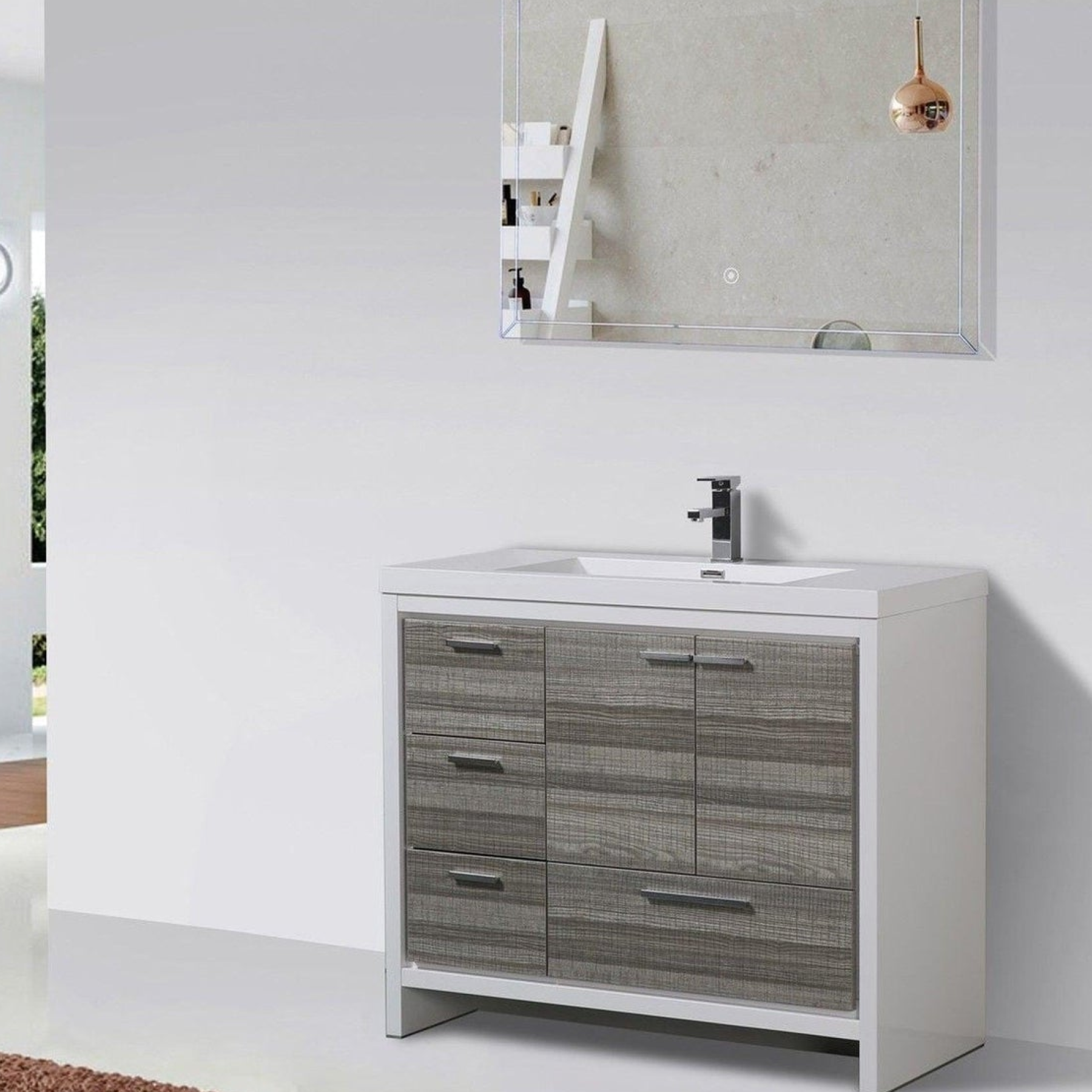 Amara 42" High Gloss Ash Gray Freestanding Vanity With Left Side Drawers and Single Reinforced White Acrylic Sink