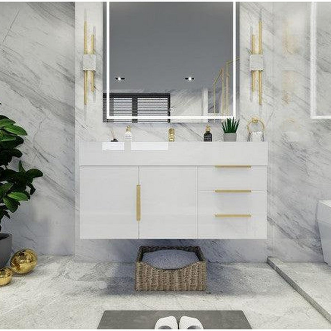 Elara 42" High Gloss White Wall-Mounted Vanity With Right Side Drawers and Single Reinforced White Acrylic Sink