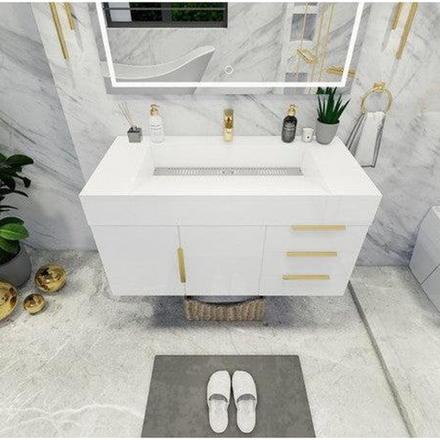 Elara 42" High Gloss White Wall-Mounted Vanity With Right Side Drawers and Single Reinforced White Acrylic Sink