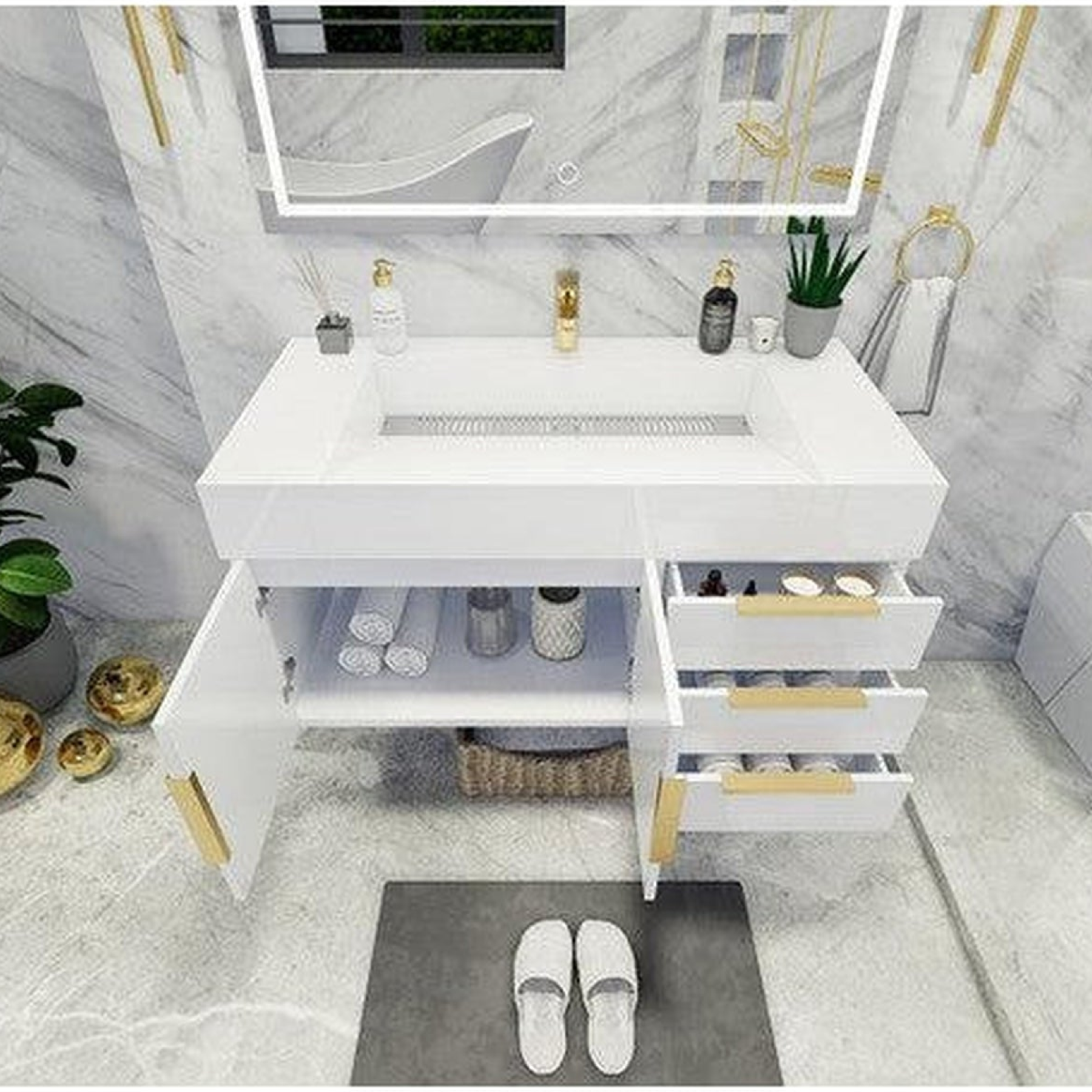 Elara 42" High Gloss White Wall-Mounted Vanity With Right Side Drawers and Single Reinforced White Acrylic Sink
