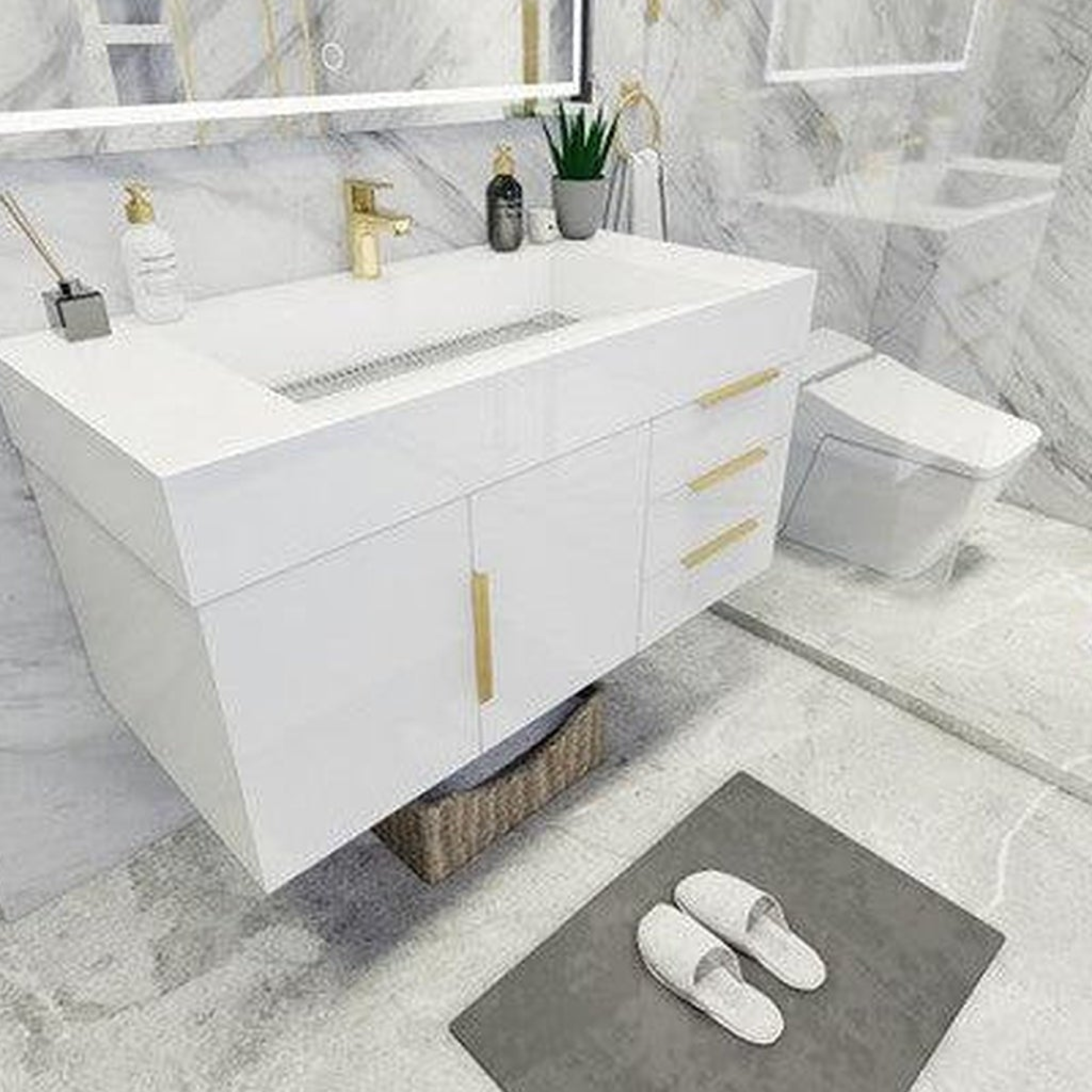 Elara 42" High Gloss White Wall-Mounted Vanity With Right Side Drawers and Single Reinforced White Acrylic Sink