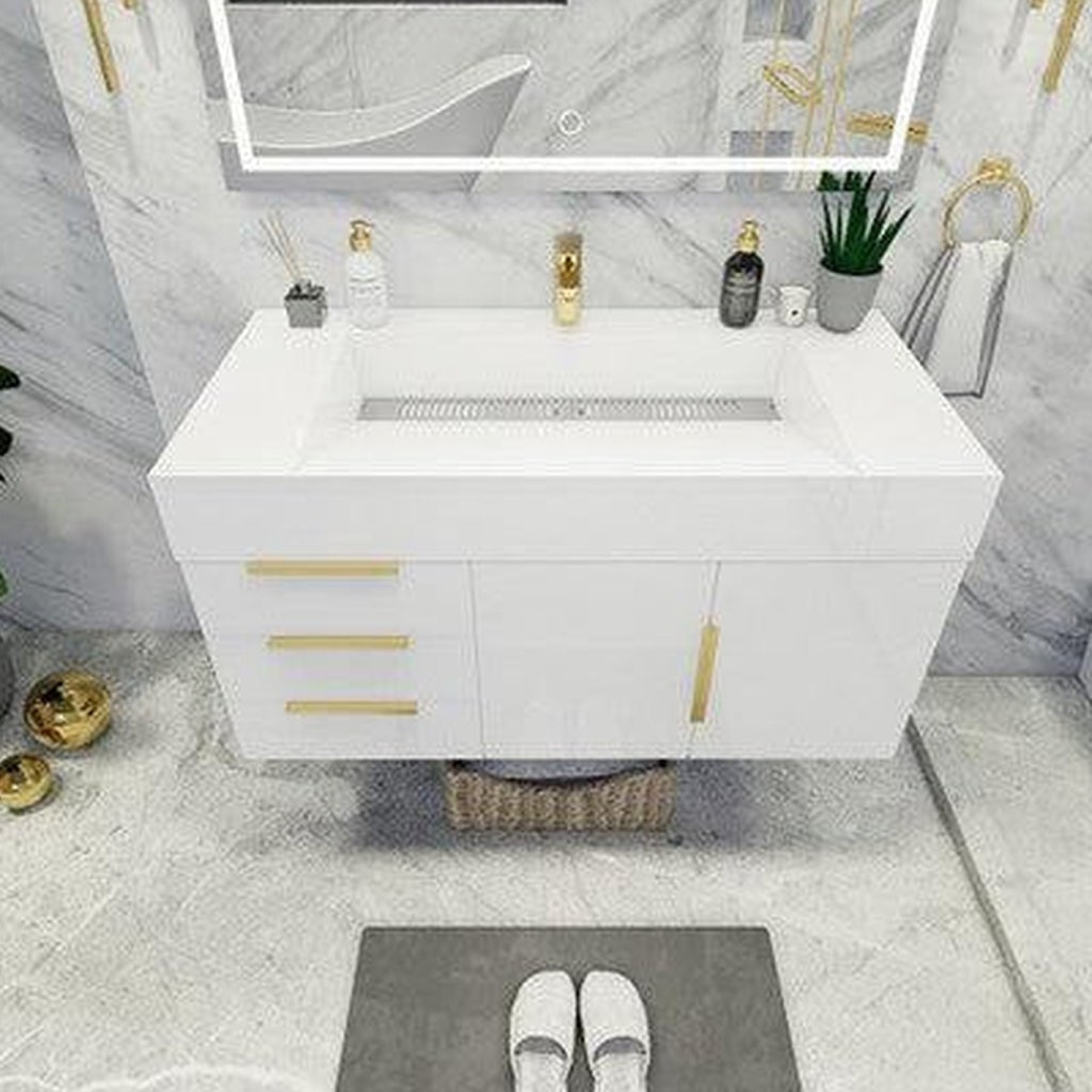 Elara 42" High Gloss White Wall-Mounted Vanity With Left Side Drawers and Single Reinforced White Acrylic Sink