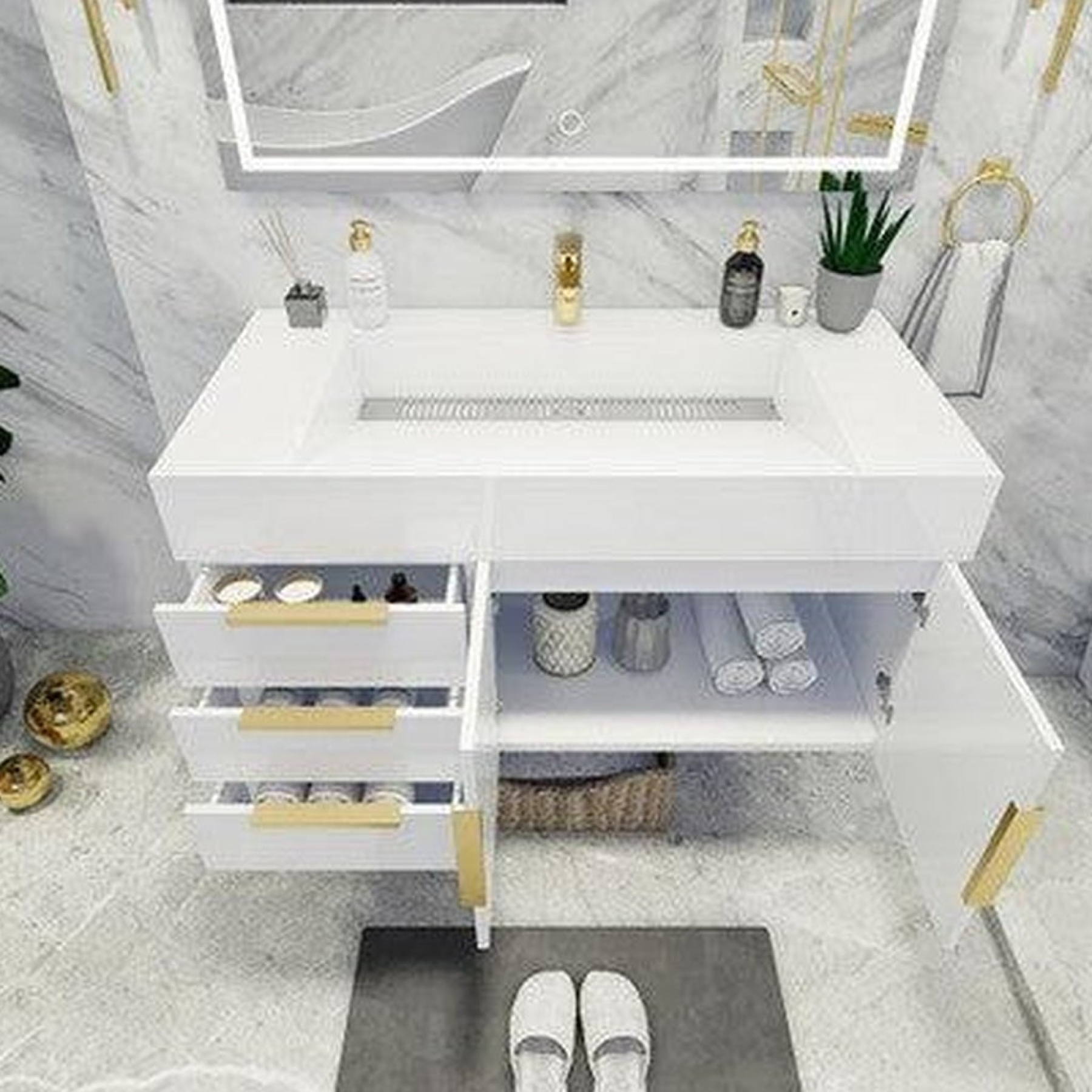 Elara 42" High Gloss White Wall-Mounted Vanity With Left Side Drawers and Single Reinforced White Acrylic Sink