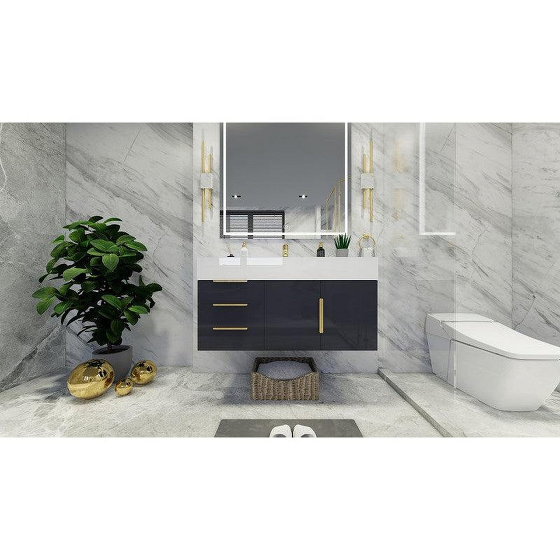 Elara 42" High Gloss Gray Wall-Mounted Vanity With Left Side Drawers and Single Reinforced White Acrylic Sink