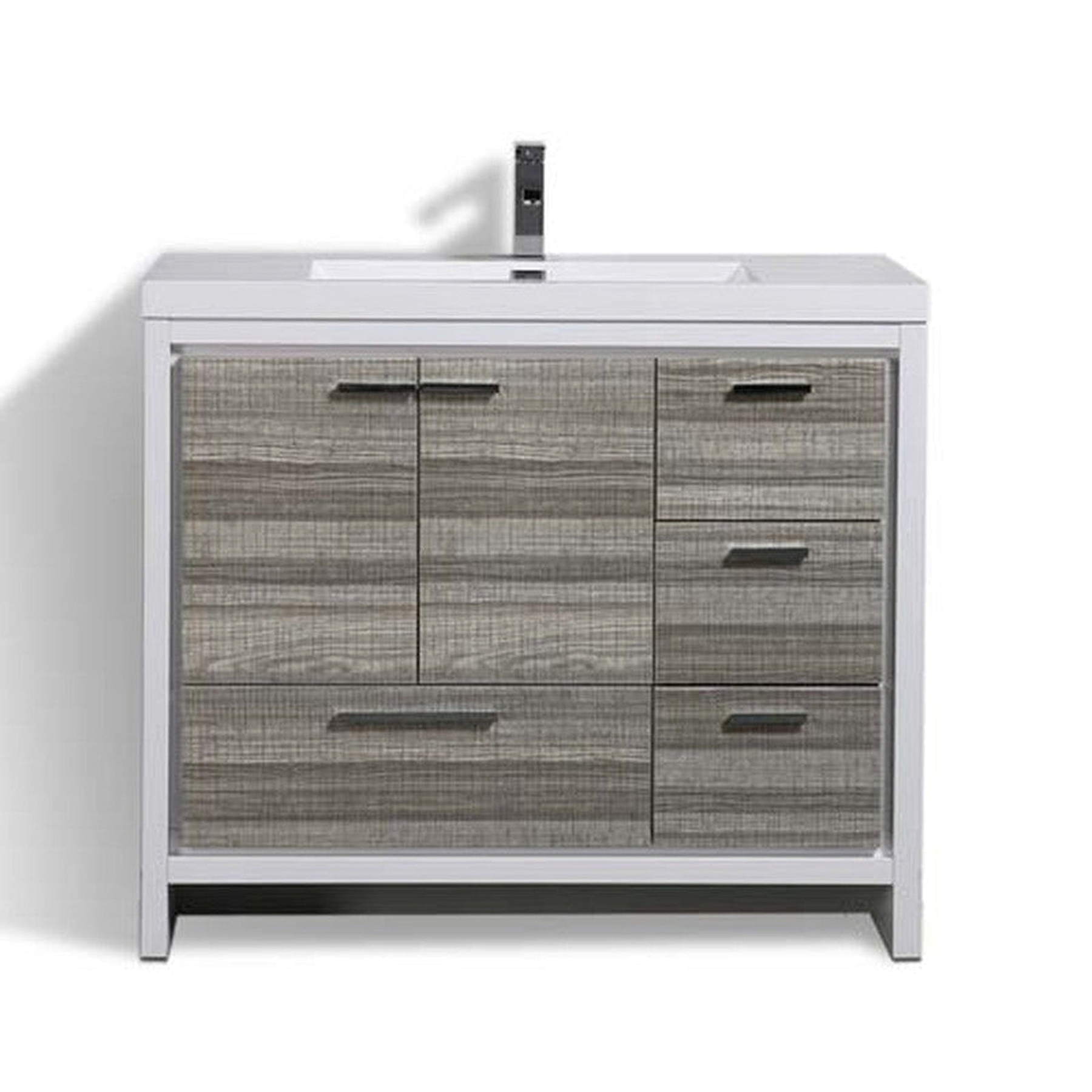 Amara 42" High Gloss Ash Gray Freestanding Vanity With Right Side Drawers and Single Reinforced White Acrylic Sink