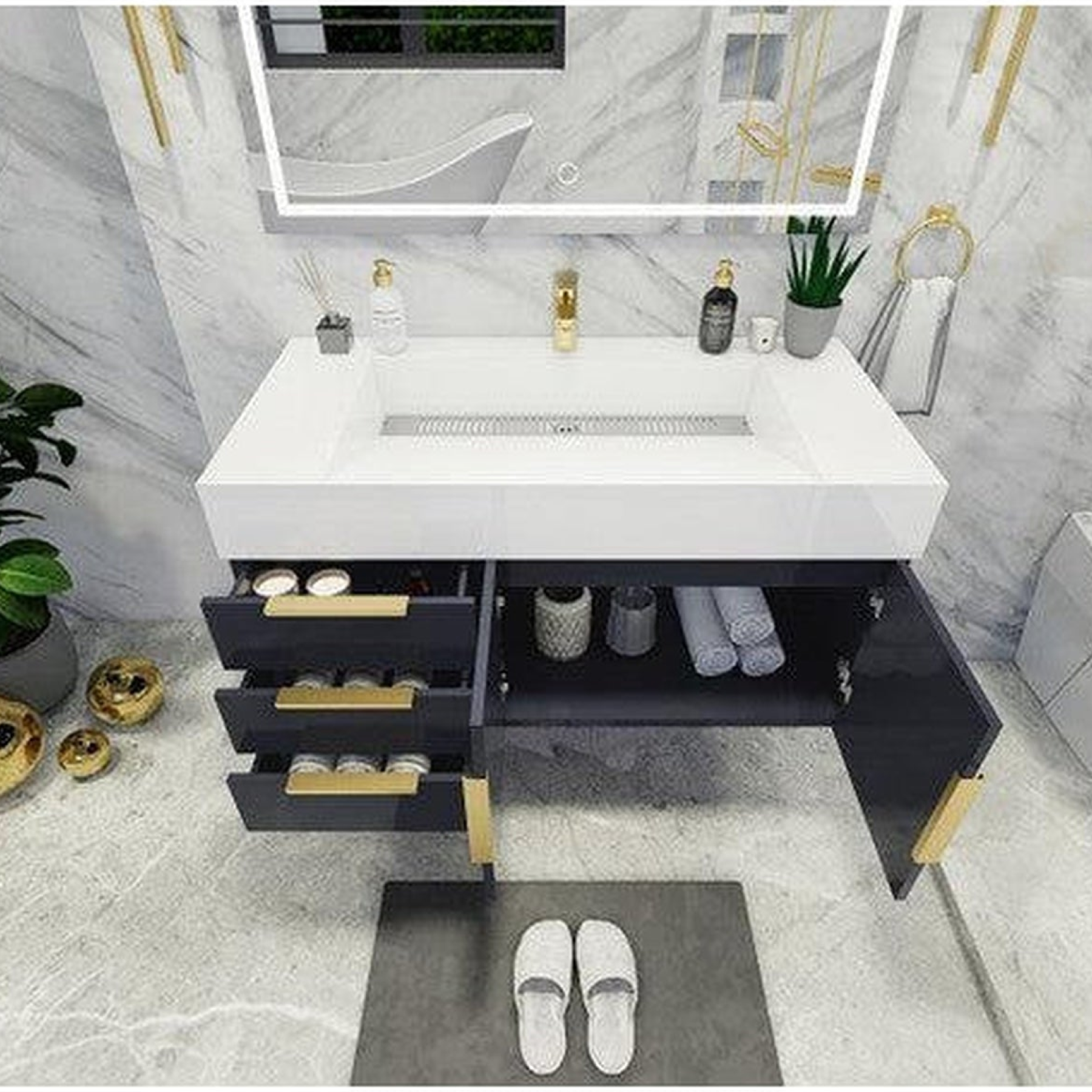 Elara 42" High Gloss Gray Wall-Mounted Vanity With Left Side Drawers and Single Reinforced White Acrylic Sink