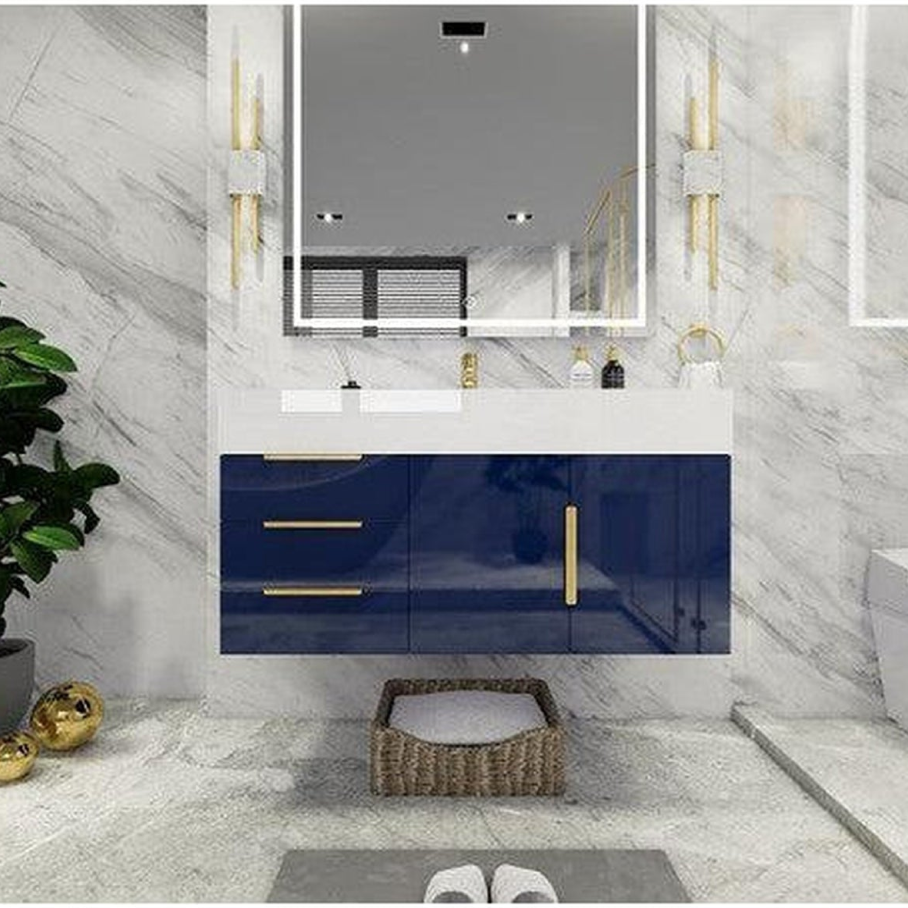 Elara 42" High Gloss Night Blue Wall-Mounted Vanity With Left Side Drawers and Single Reinforced White Acrylic Sink