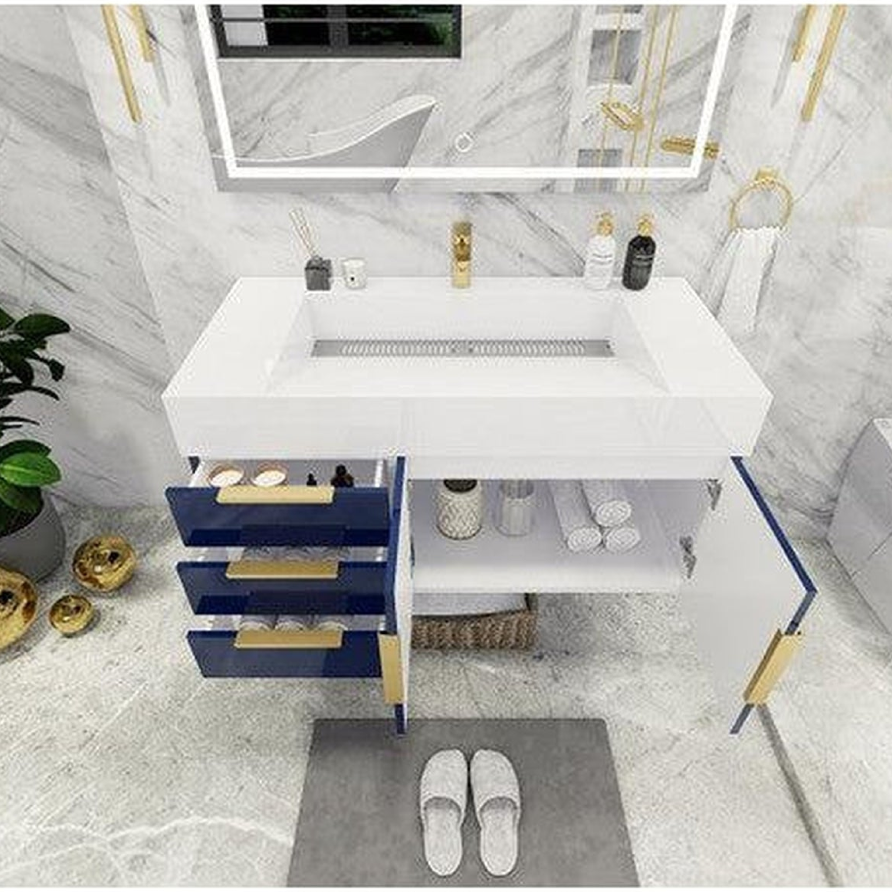 Elara 42" High Gloss Night Blue Wall-Mounted Vanity With Left Side Drawers and Single Reinforced White Acrylic Sink