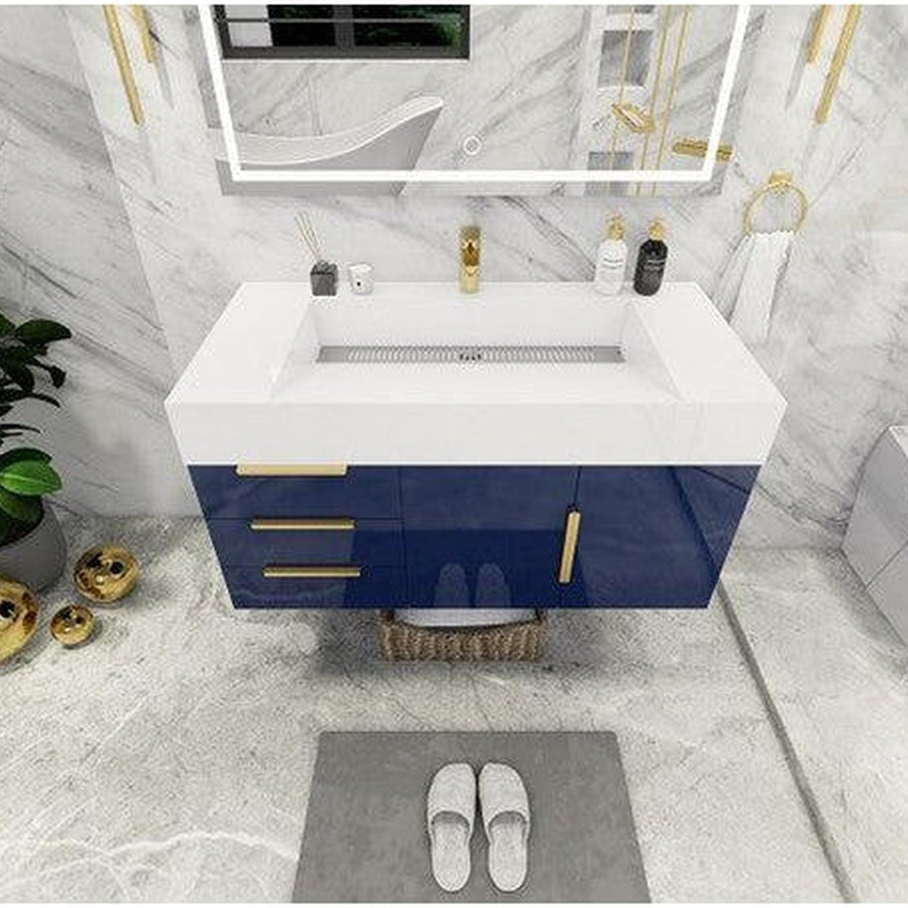 Elara 42" High Gloss Night Blue Wall-Mounted Vanity With Left Side Drawers and Single Reinforced White Acrylic Sink