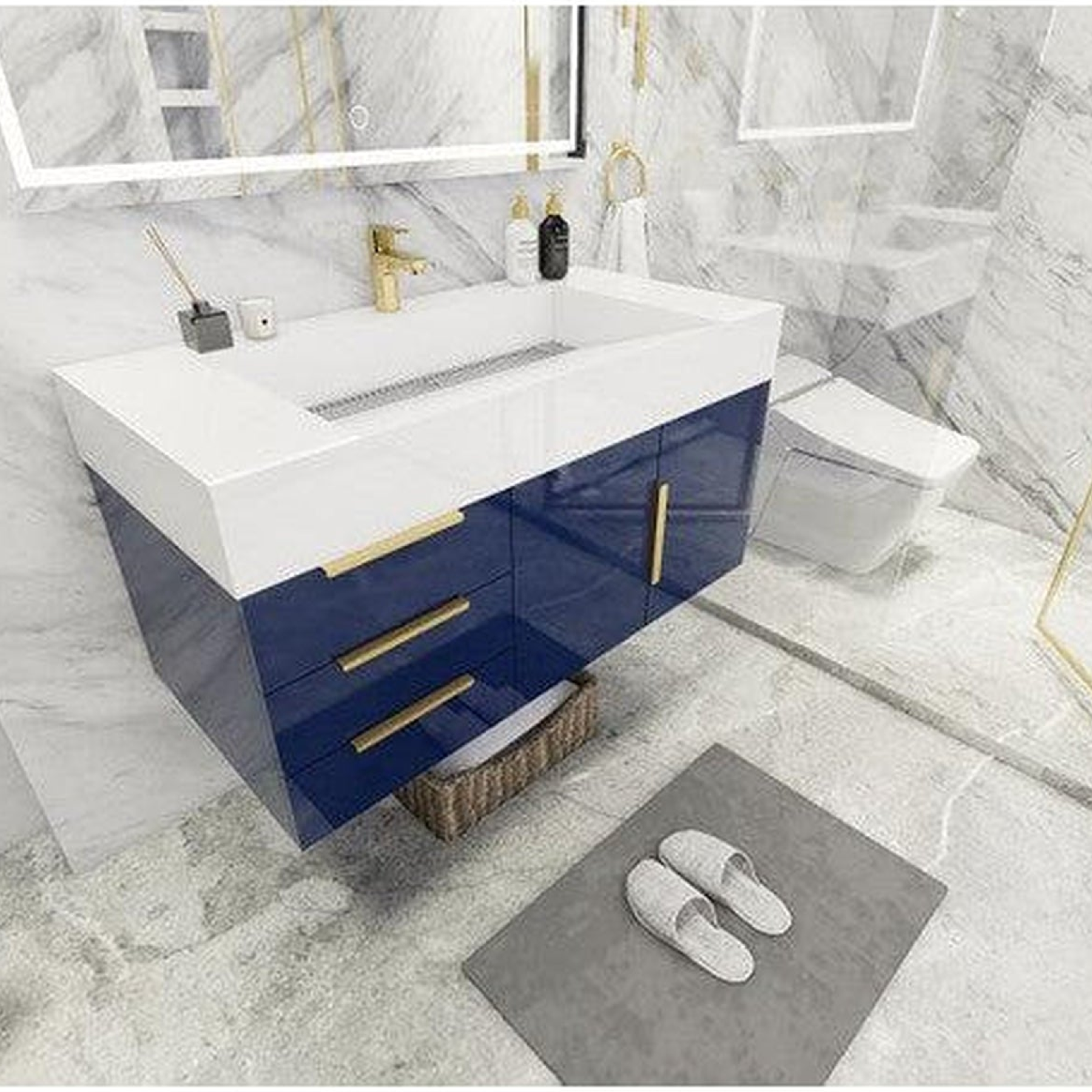 Elara 42" High Gloss Night Blue Wall-Mounted Vanity With Left Side Drawers and Single Reinforced White Acrylic Sink