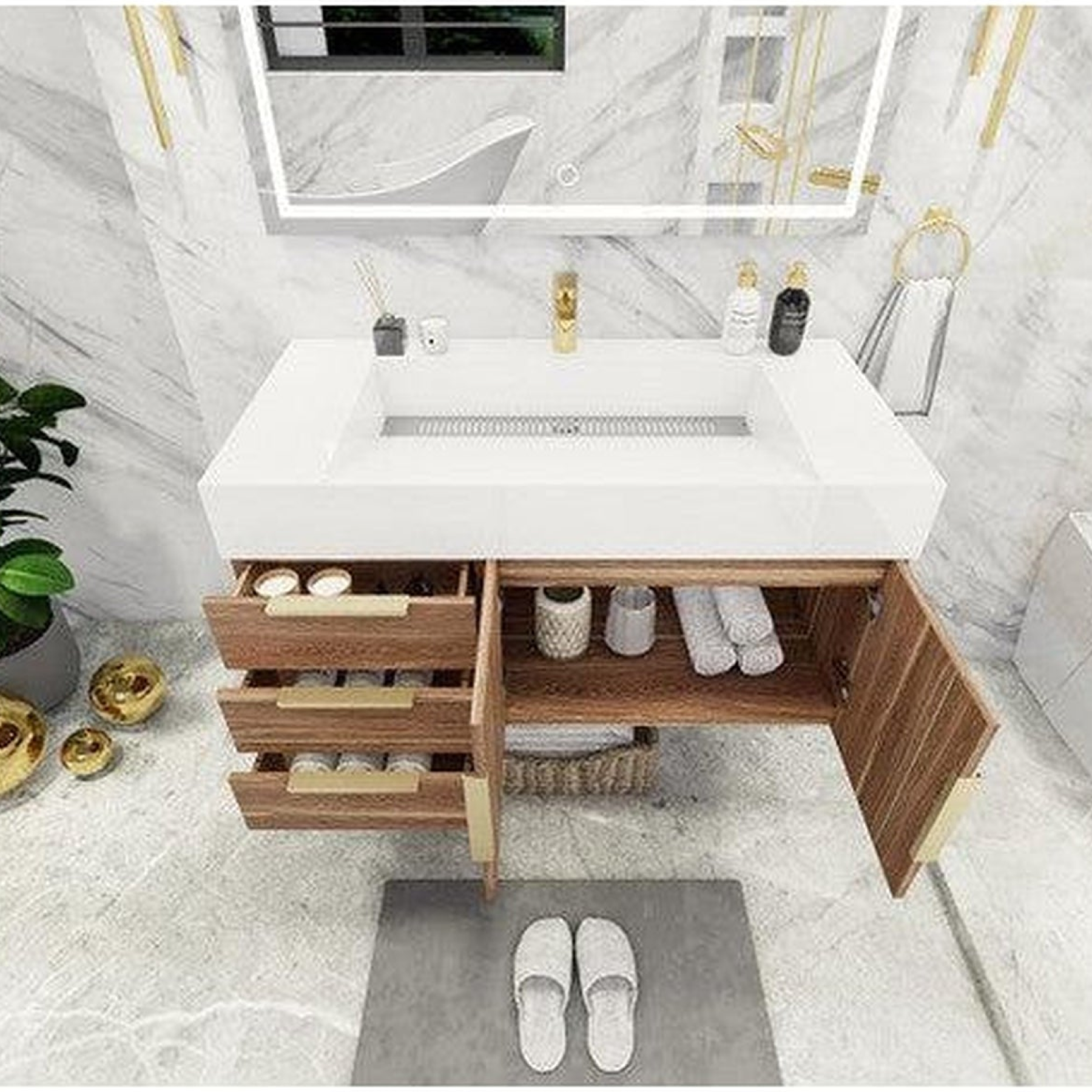 Elara 42" White Oak Wall-Mounted Vanity With Left Side Drawers and Single Reinforced White Acrylic Sink