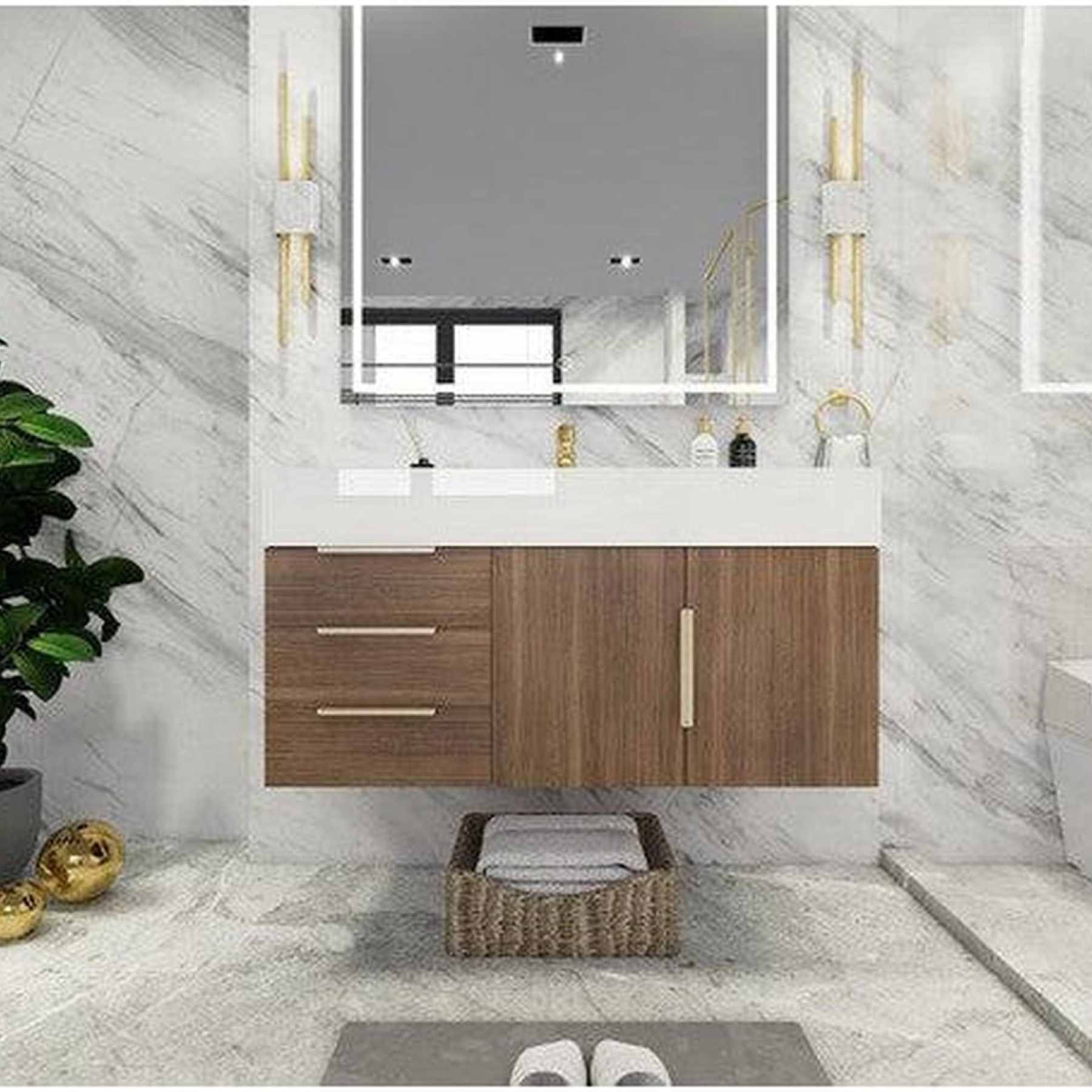 Elara 42" Rosewood Wall-Mounted Vanity With Left Side Drawers and Single Reinforced White Acrylic Sink