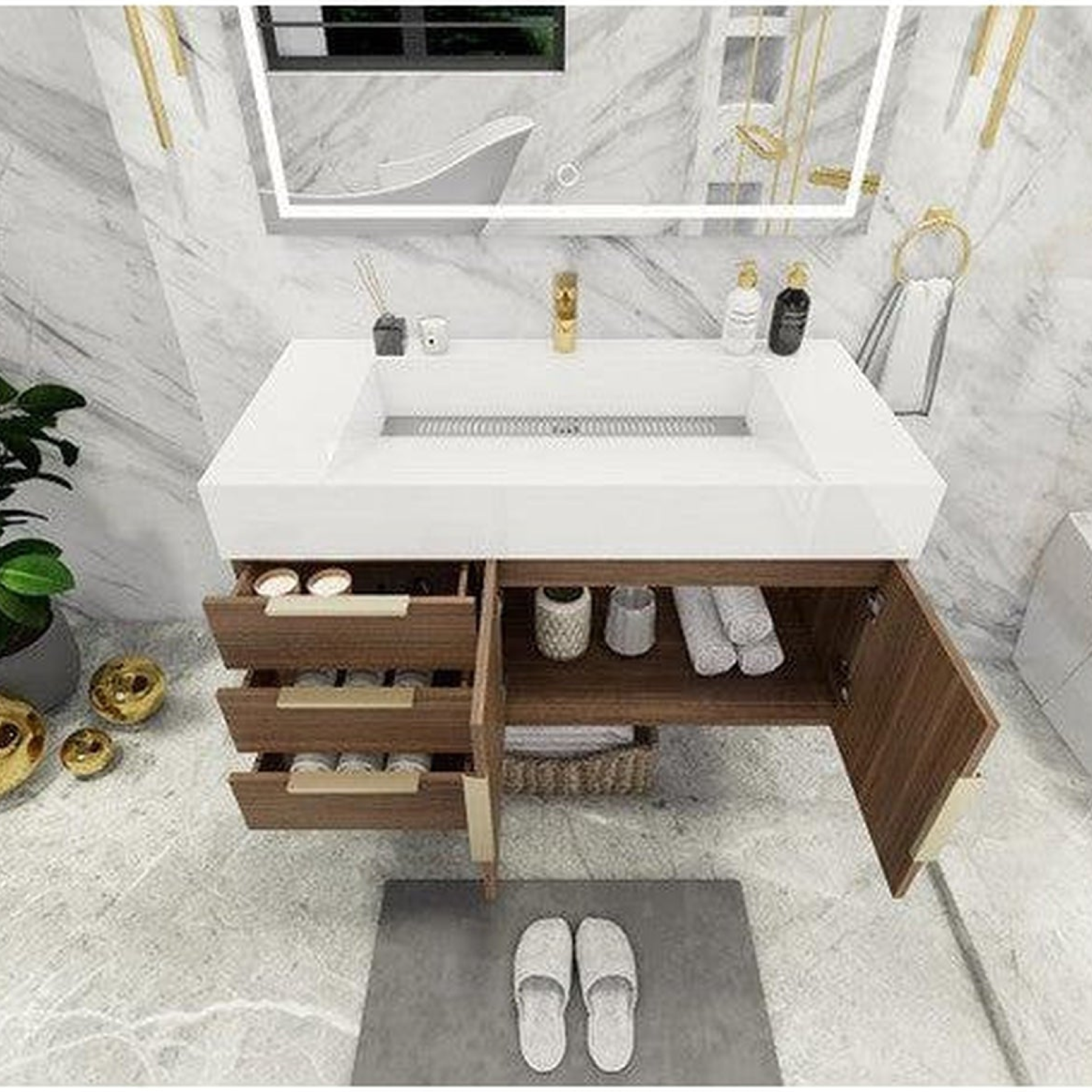 Elara 42" Rosewood Wall-Mounted Vanity With Left Side Drawers and Single Reinforced White Acrylic Sink