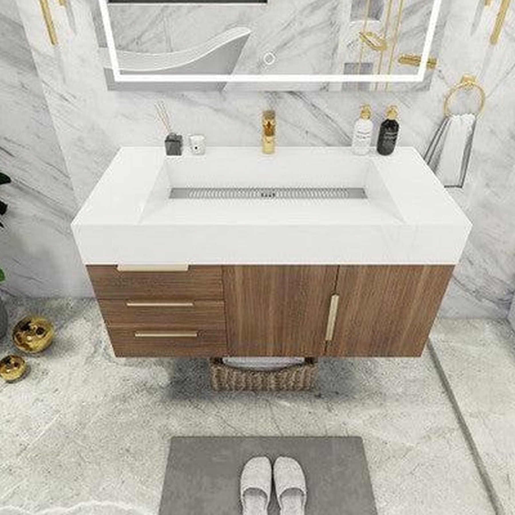 Elara 42" Rosewood Wall-Mounted Vanity With Left Side Drawers and Single Reinforced White Acrylic Sink