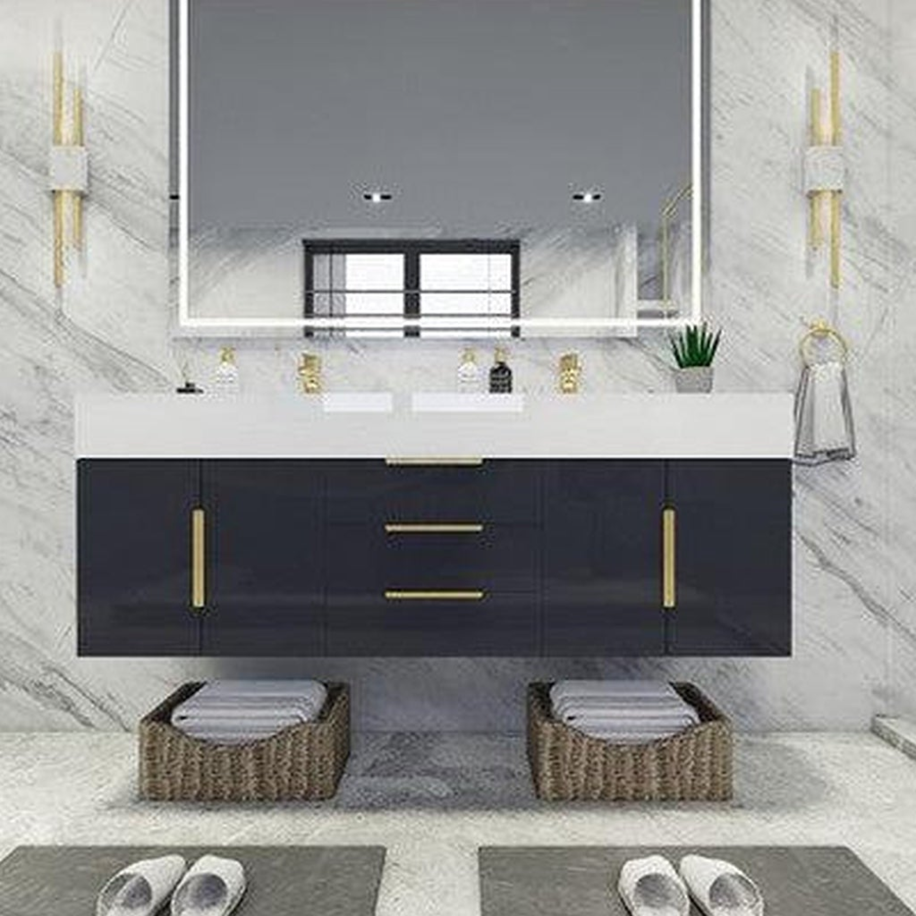 Elara 60" High Gloss Gray Wall-Mounted Vanity With Double Reinforced White Acrylic Sinks