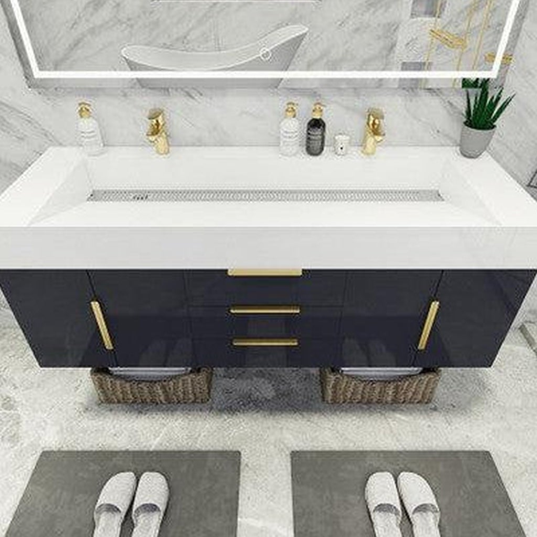 Elara 60" High Gloss Gray Wall-Mounted Vanity With Double Reinforced White Acrylic Sinks