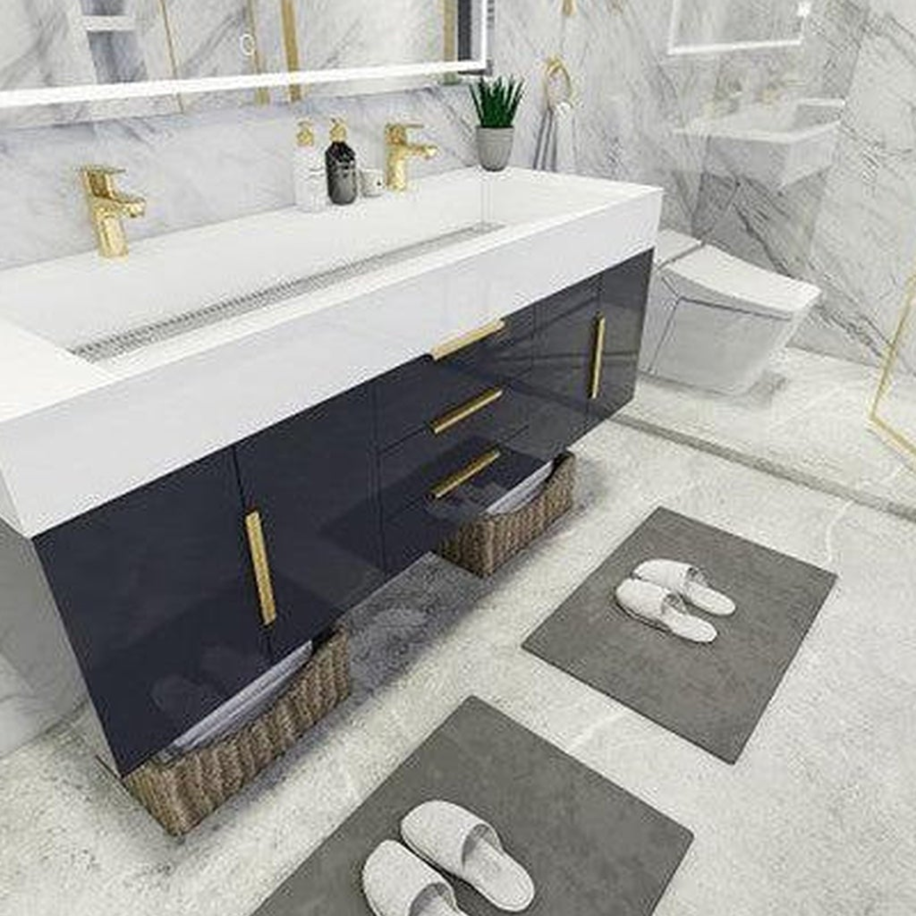 Elara 60" High Gloss Gray Wall-Mounted Vanity With Double Reinforced White Acrylic Sinks