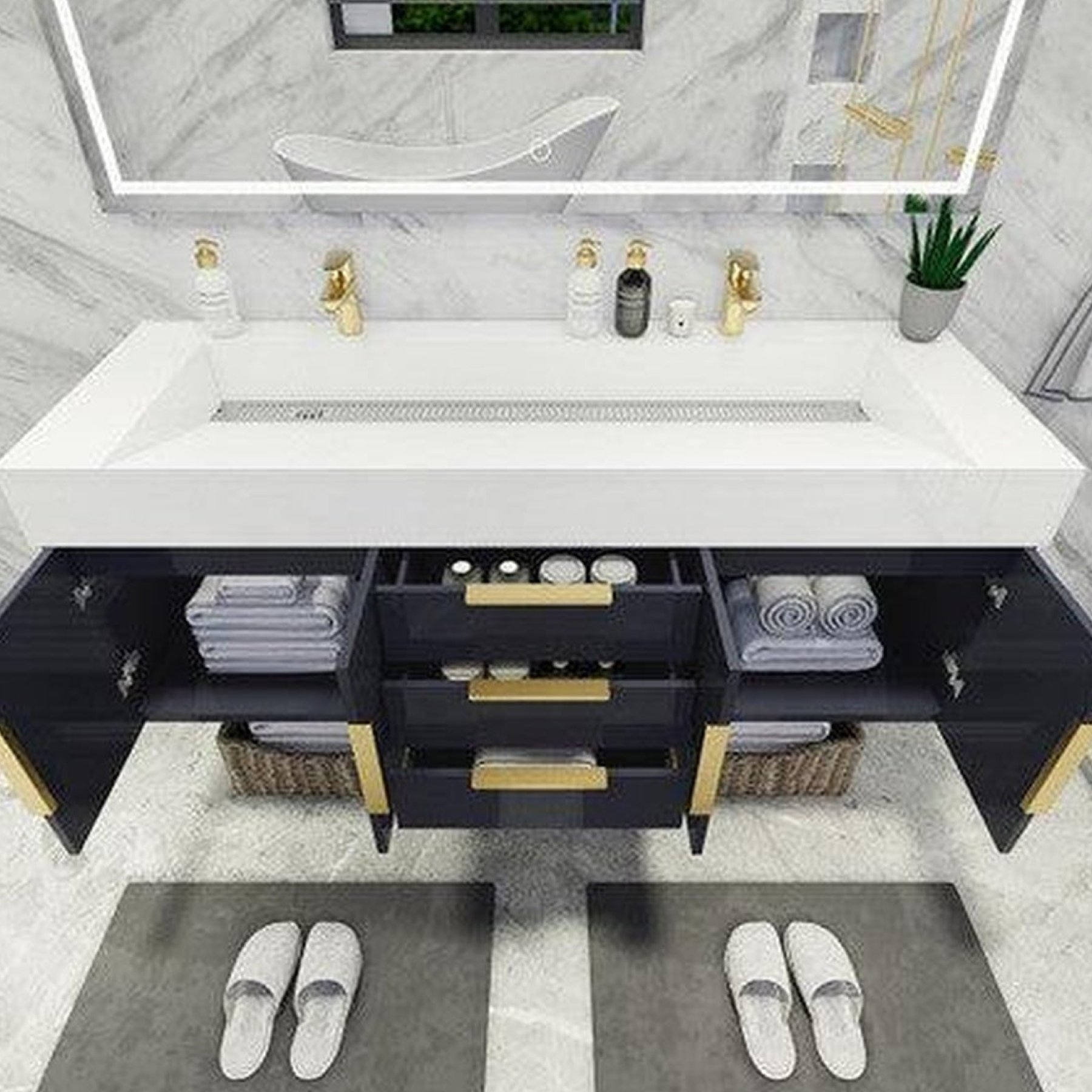 Elara 60" High Gloss Gray Wall-Mounted Vanity With Double Reinforced White Acrylic Sinks