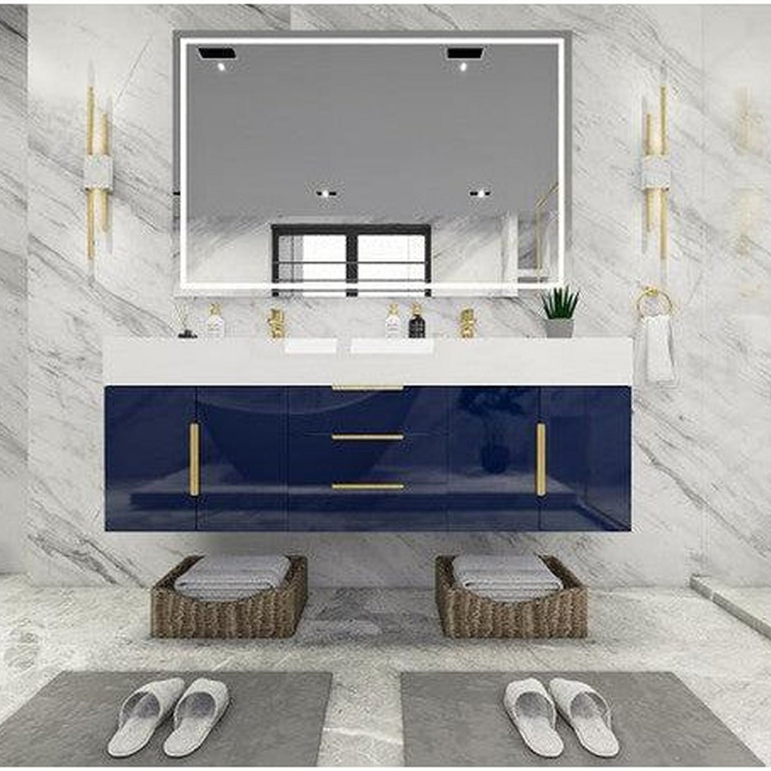 Elara 60" High Gloss Night Blue Wall-Mounted Vanity With Double Reinforced White Acrylic Sinks