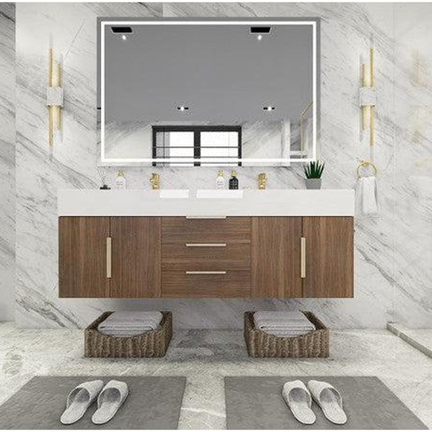 Elara 60" Rosewood Wall-Mounted Vanity With Double Reinforced White Acrylic Sinks