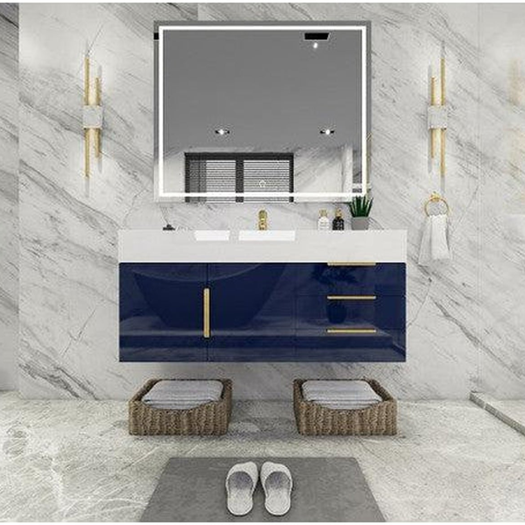 Elara 48" High Gloss Night Blue Wall-Mounted Vanity With Single Reinforced White Acrylic Sink
