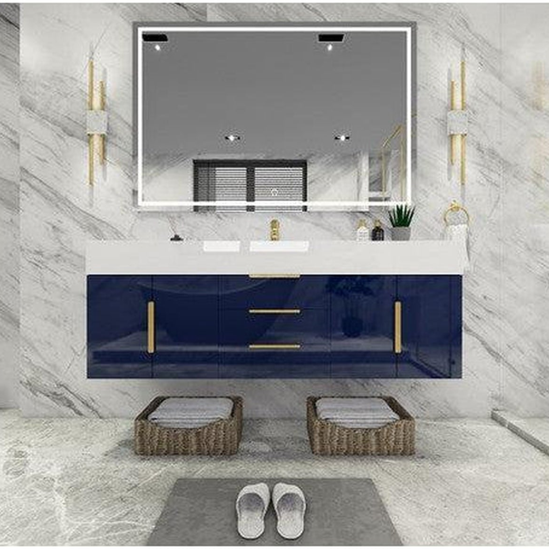 Elara 60" High Gloss Night Blue Wall-Mounted Vanity With Single Reinforced White Acrylic Sink
