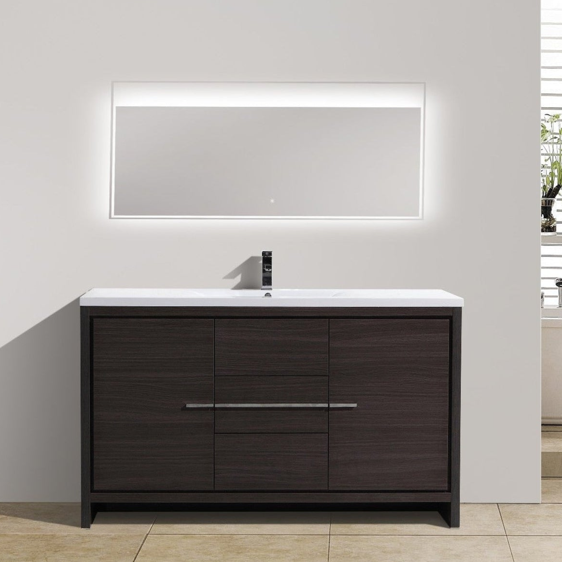 Amara 60" Dark Gray Oak Freestanding Vanity With Single Reinforced White Acrylic Sink