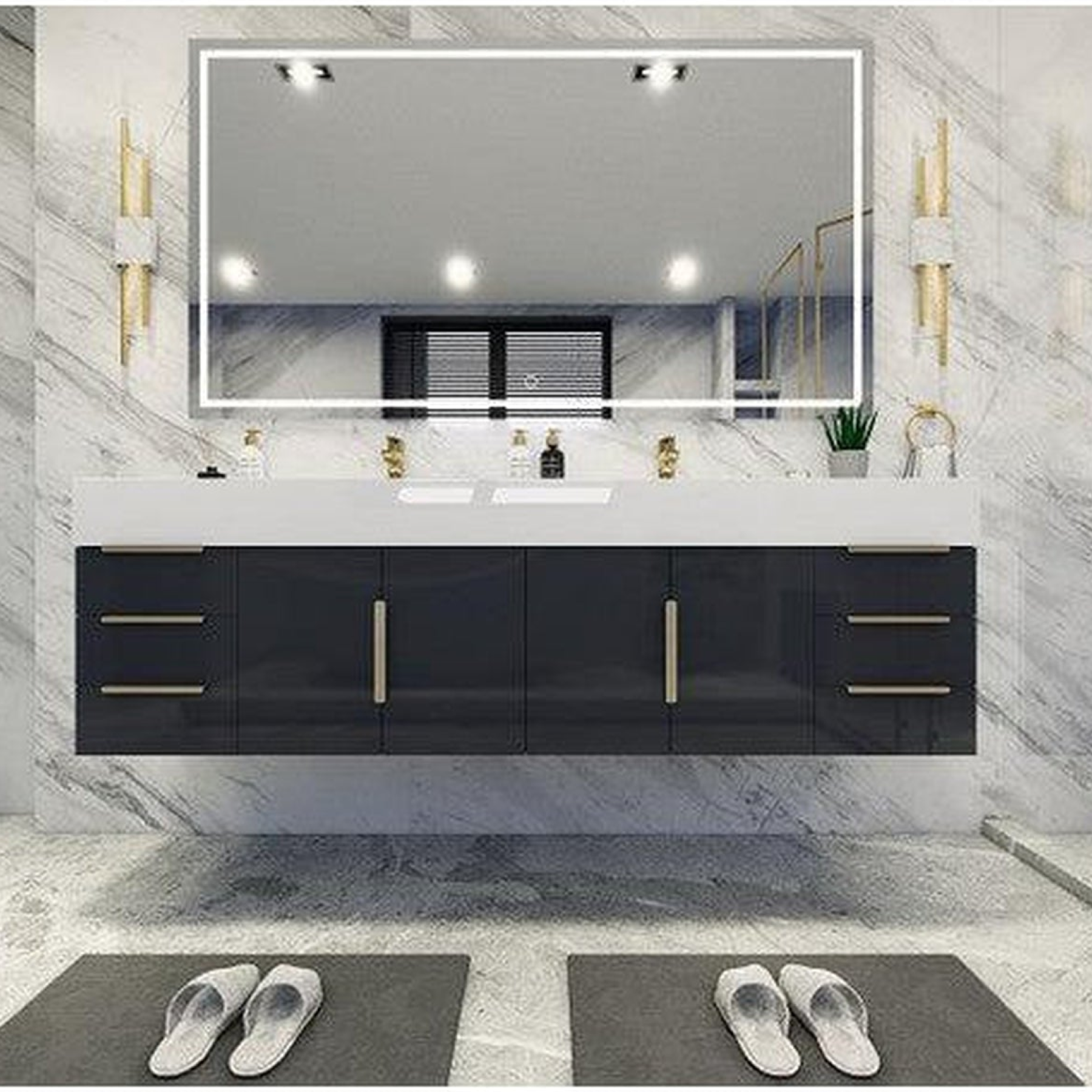 Elara 72" High Gloss Gray Wall-Mounted Vanity With Double Reinforced White Acrylic Sinks