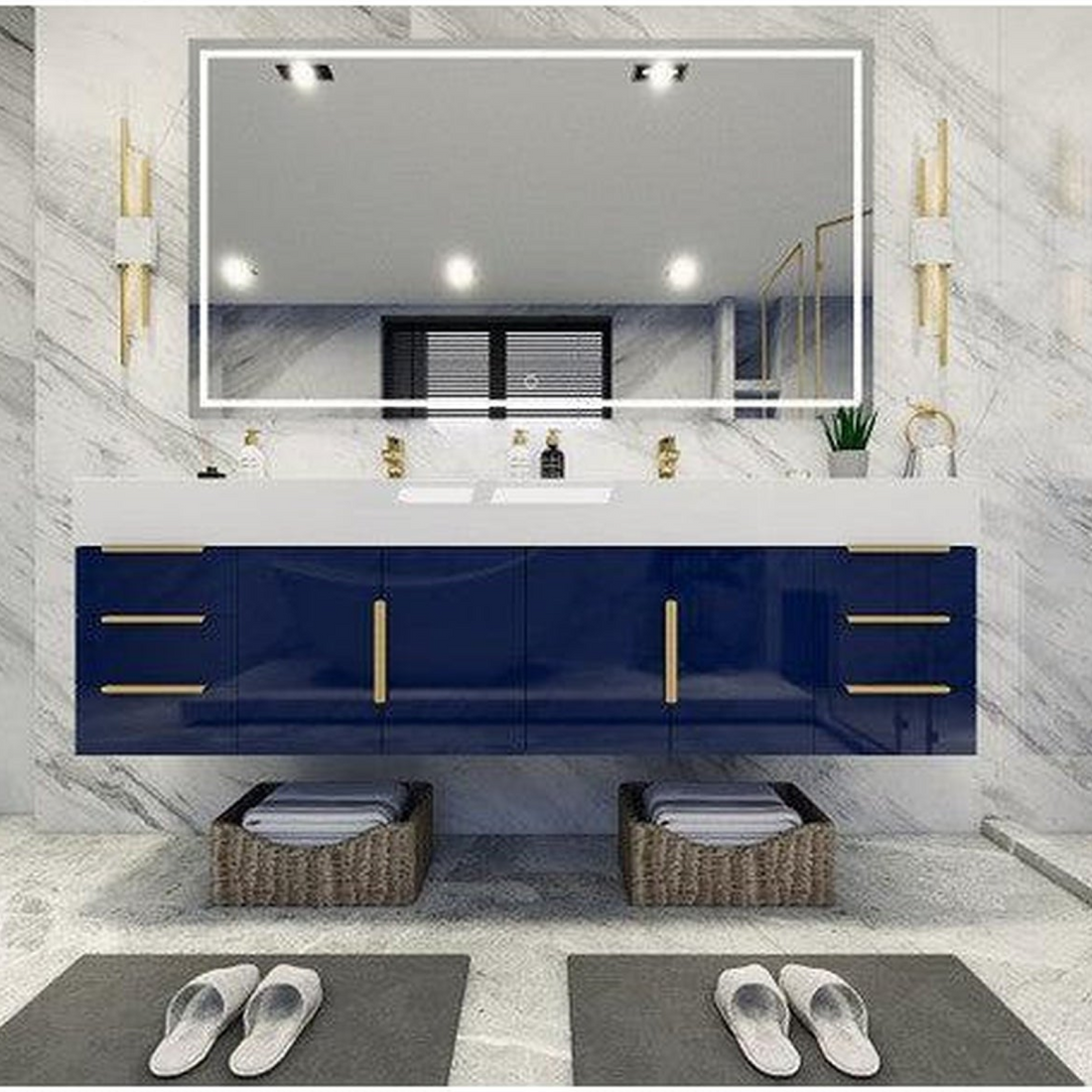 Elara 72" High Gloss Night Blue Wall-Mounted Vanity With Double Reinforced White Acrylic Sinks