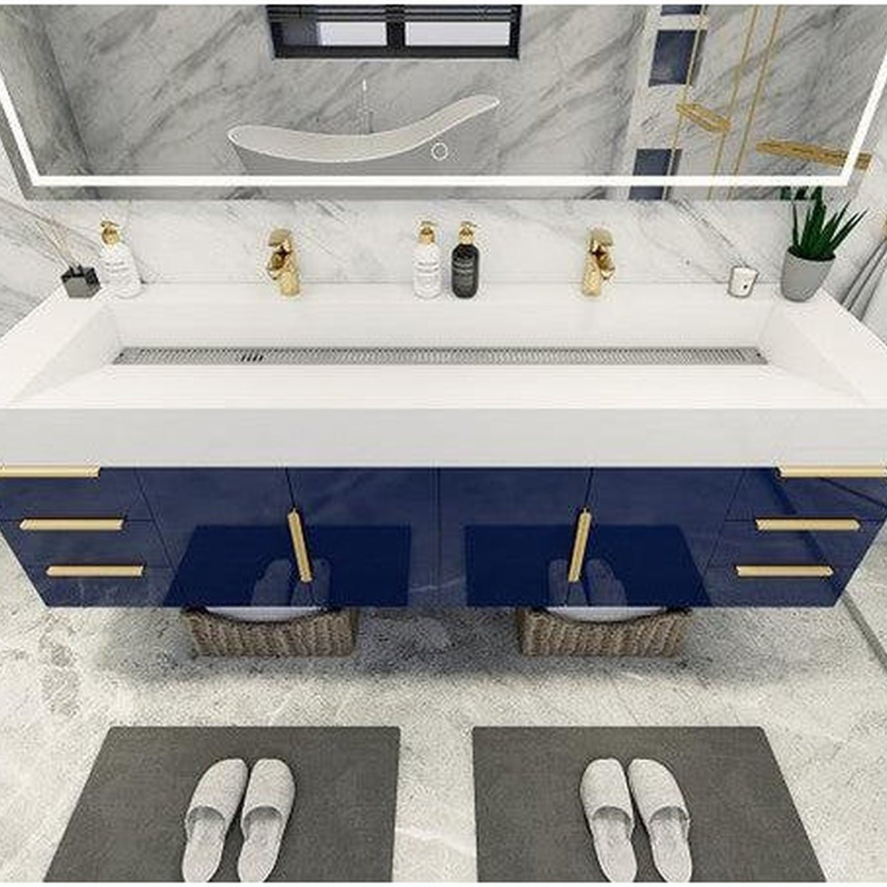 Elara 72" High Gloss Night Blue Wall-Mounted Vanity With Double Reinforced White Acrylic Sinks
