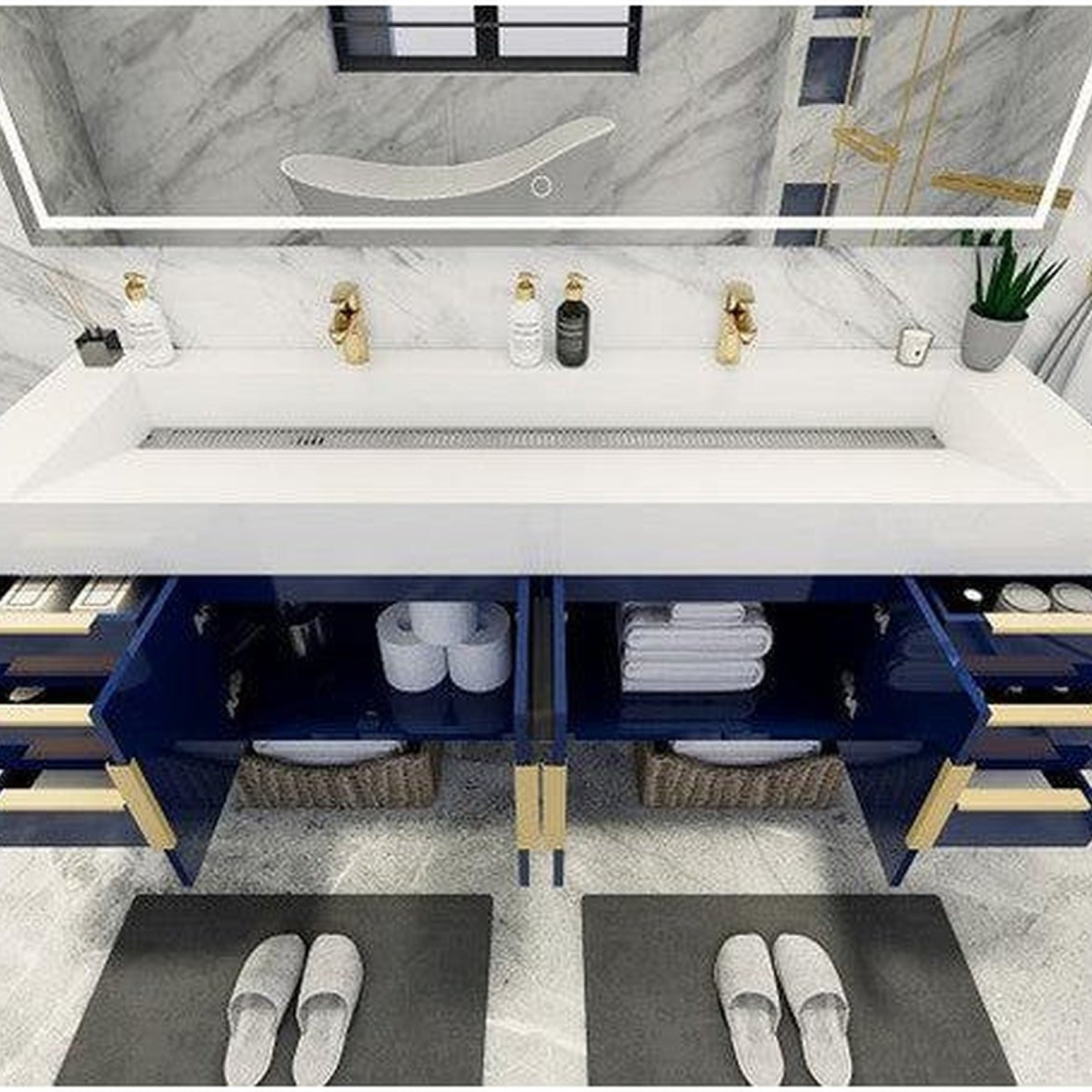 Elara 72" High Gloss Night Blue Wall-Mounted Vanity With Double Reinforced White Acrylic Sinks