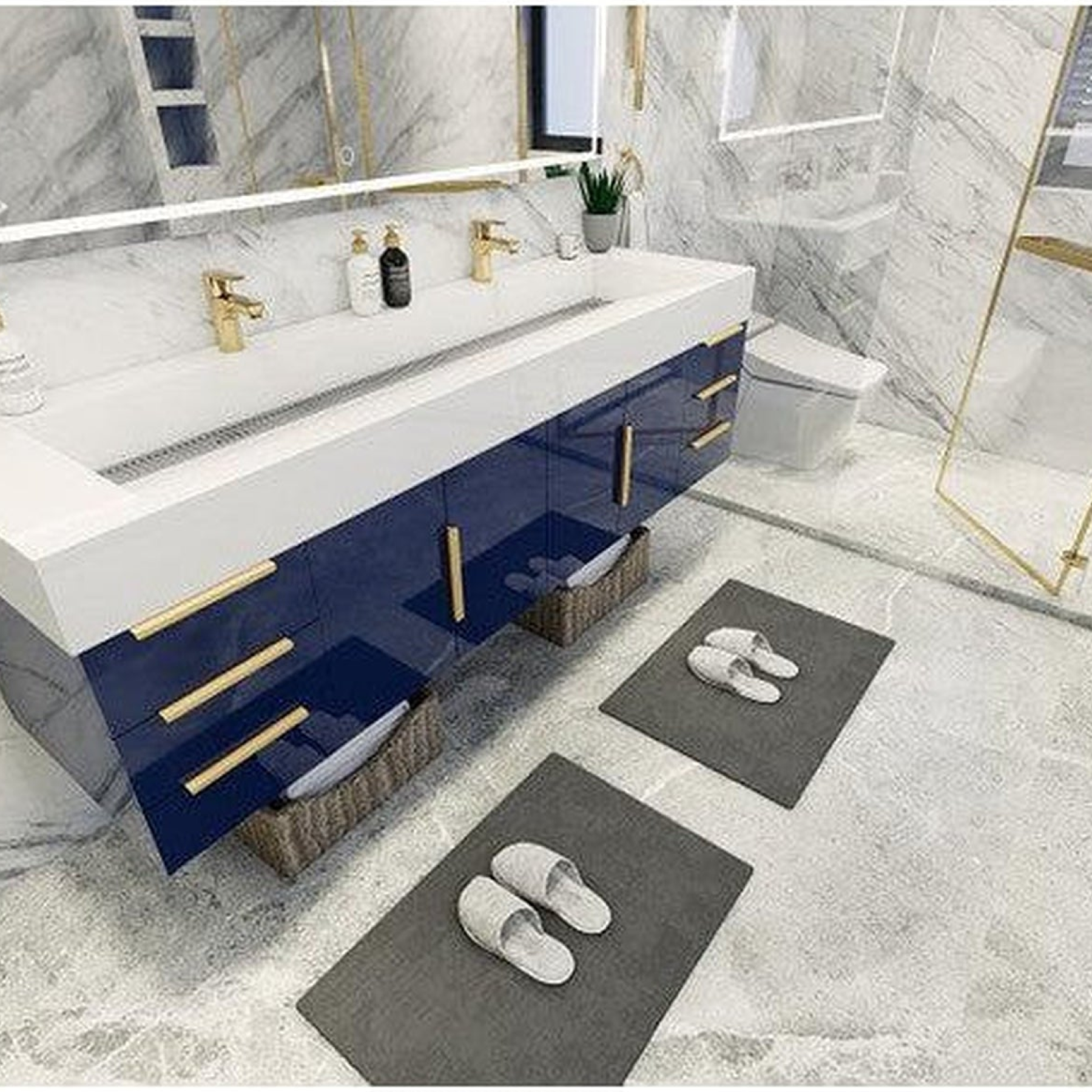 Elara 72" High Gloss Night Blue Wall-Mounted Vanity With Double Reinforced White Acrylic Sinks