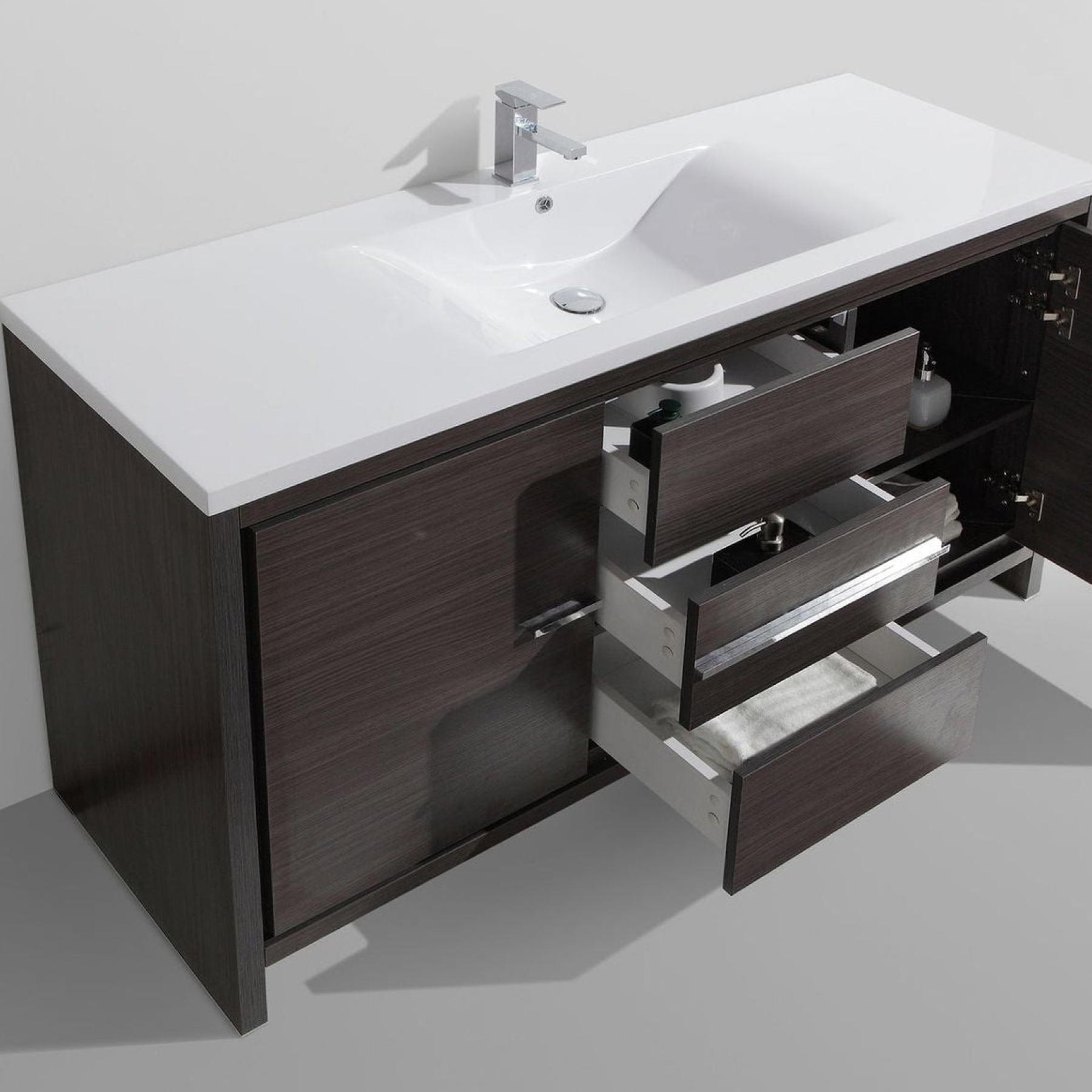 Amara 60" Dark Gray Oak Freestanding Vanity With Single Reinforced White Acrylic Sink