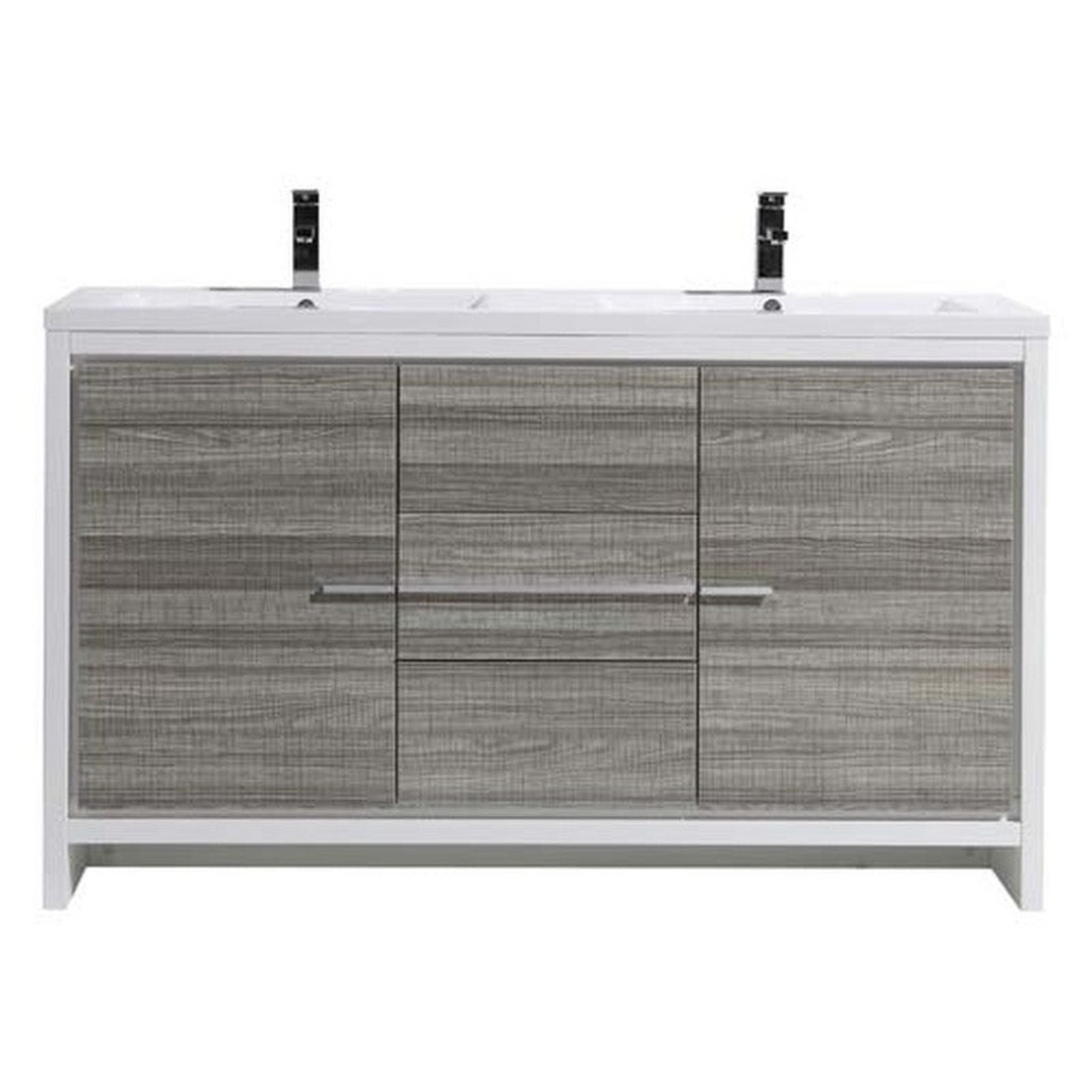 Amara 60" High Gloss Ash Gray Freestanding Vanity With Double Reinforced White Acrylic Sinks