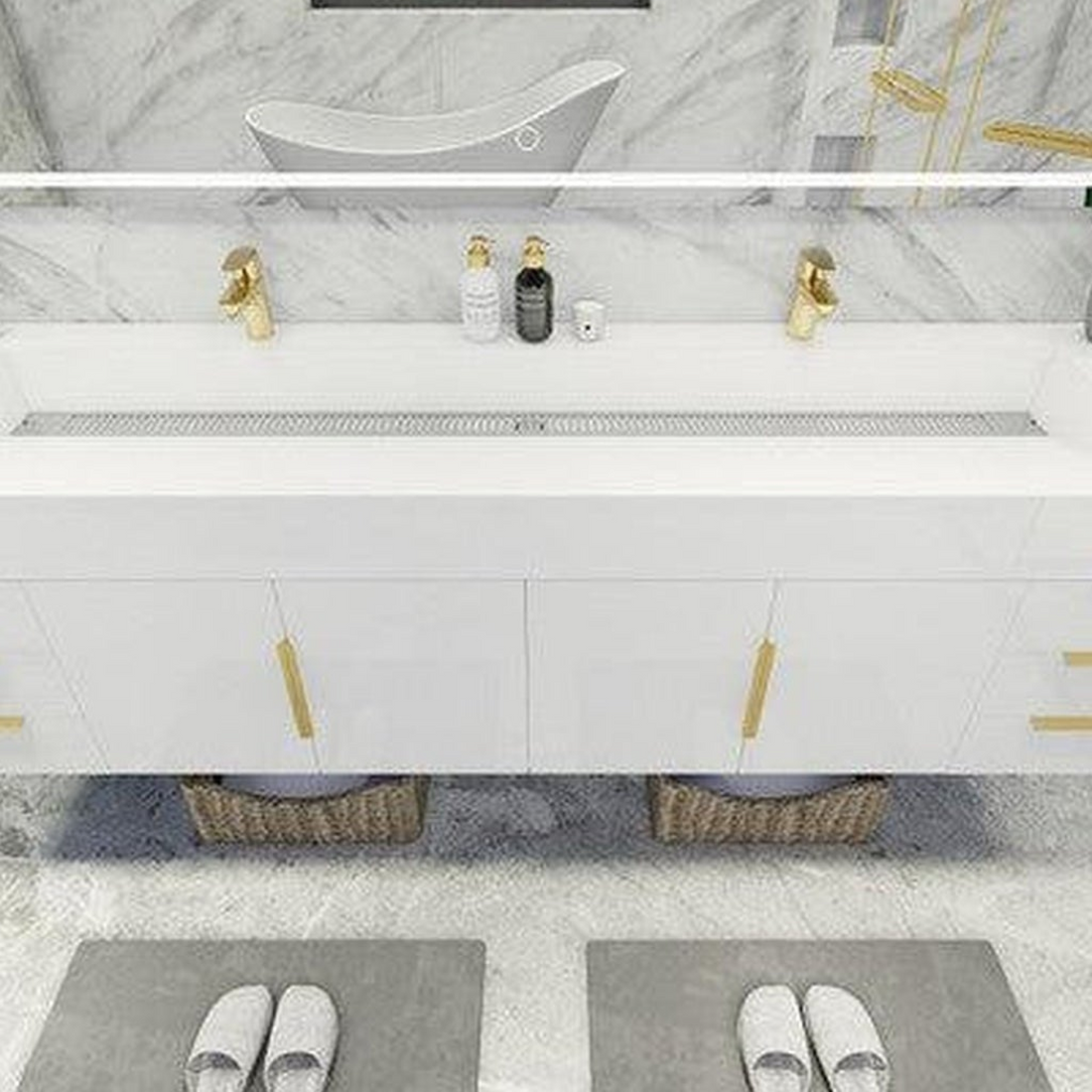 Elara 84" High Gloss White Wall-Mounted Vanity With Double Reinforced White Acrylic Sinks