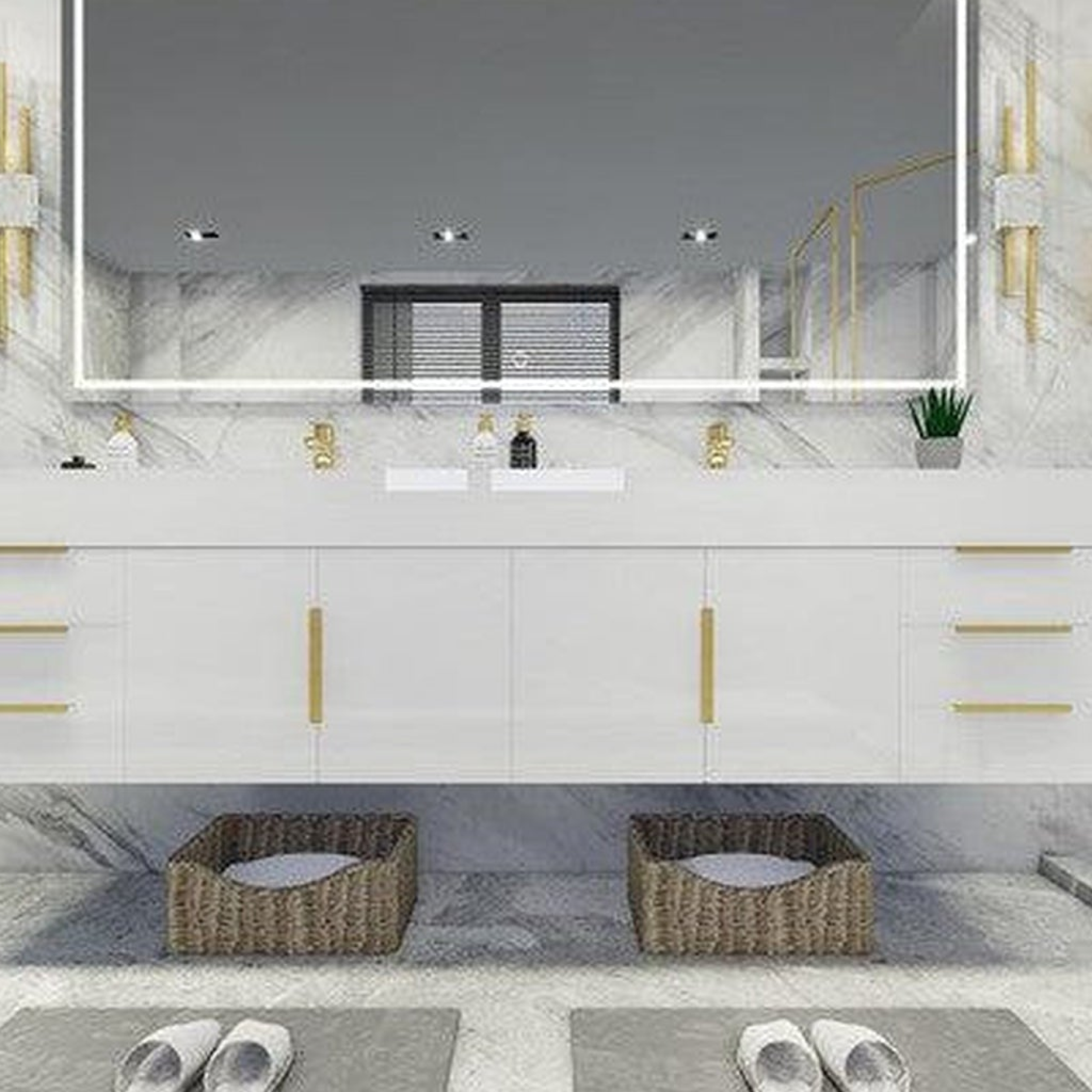 Elara 84" High Gloss White Wall-Mounted Vanity With Double Reinforced White Acrylic Sinks