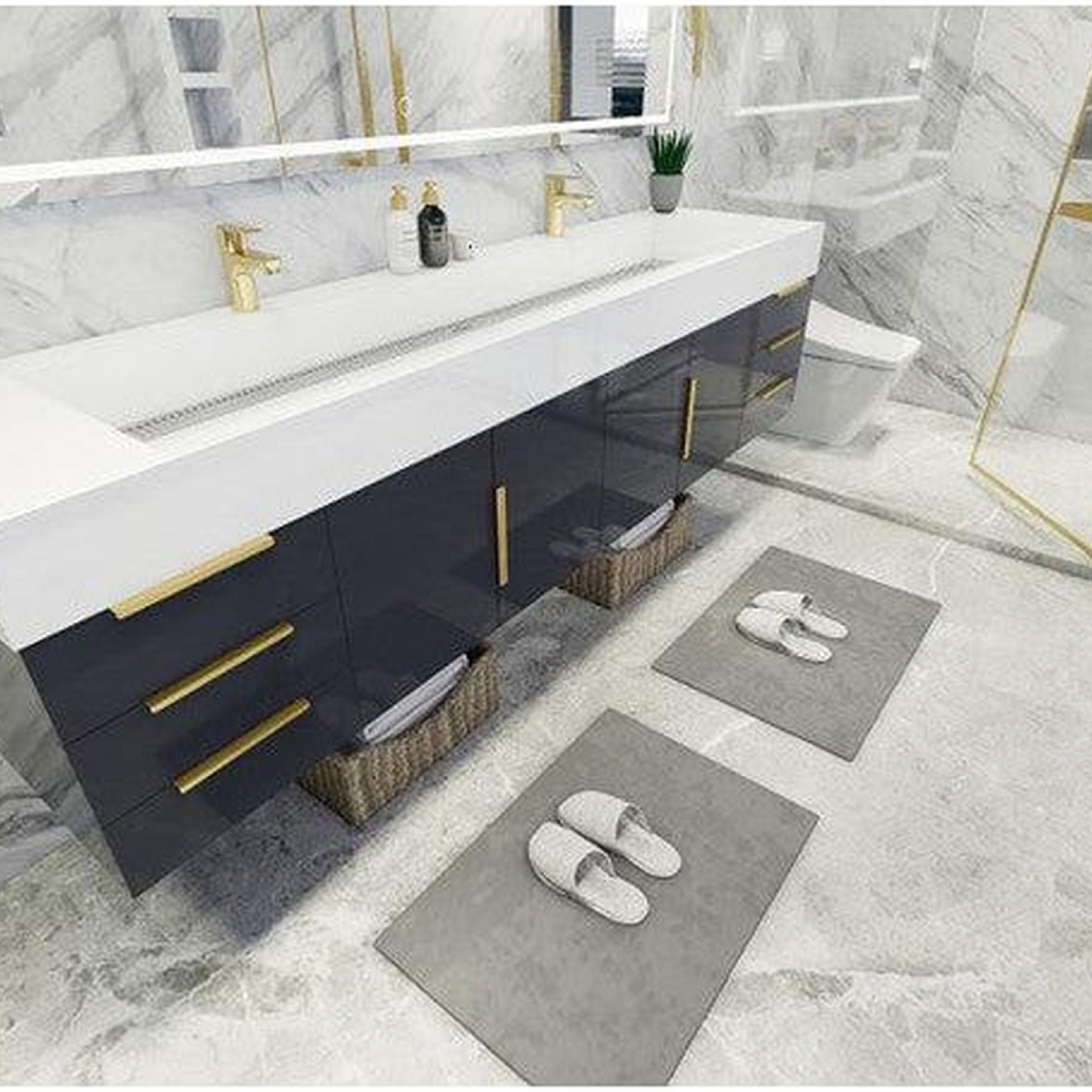 Elara 84" High Gloss Gray Wall-Mounted Vanity With Double Reinforced White Acrylic Sinks