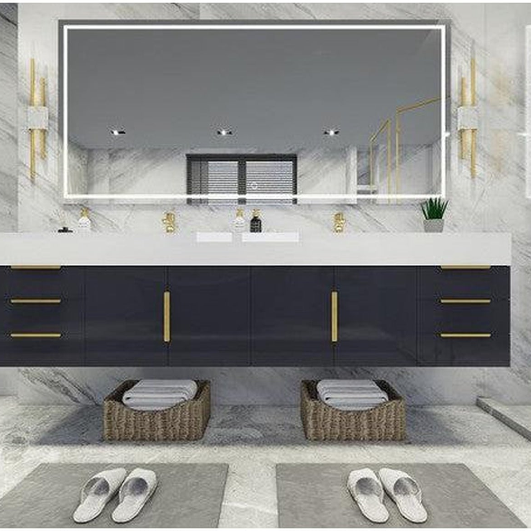 Elara 84" High Gloss Gray Wall-Mounted Vanity With Double Reinforced White Acrylic Sinks