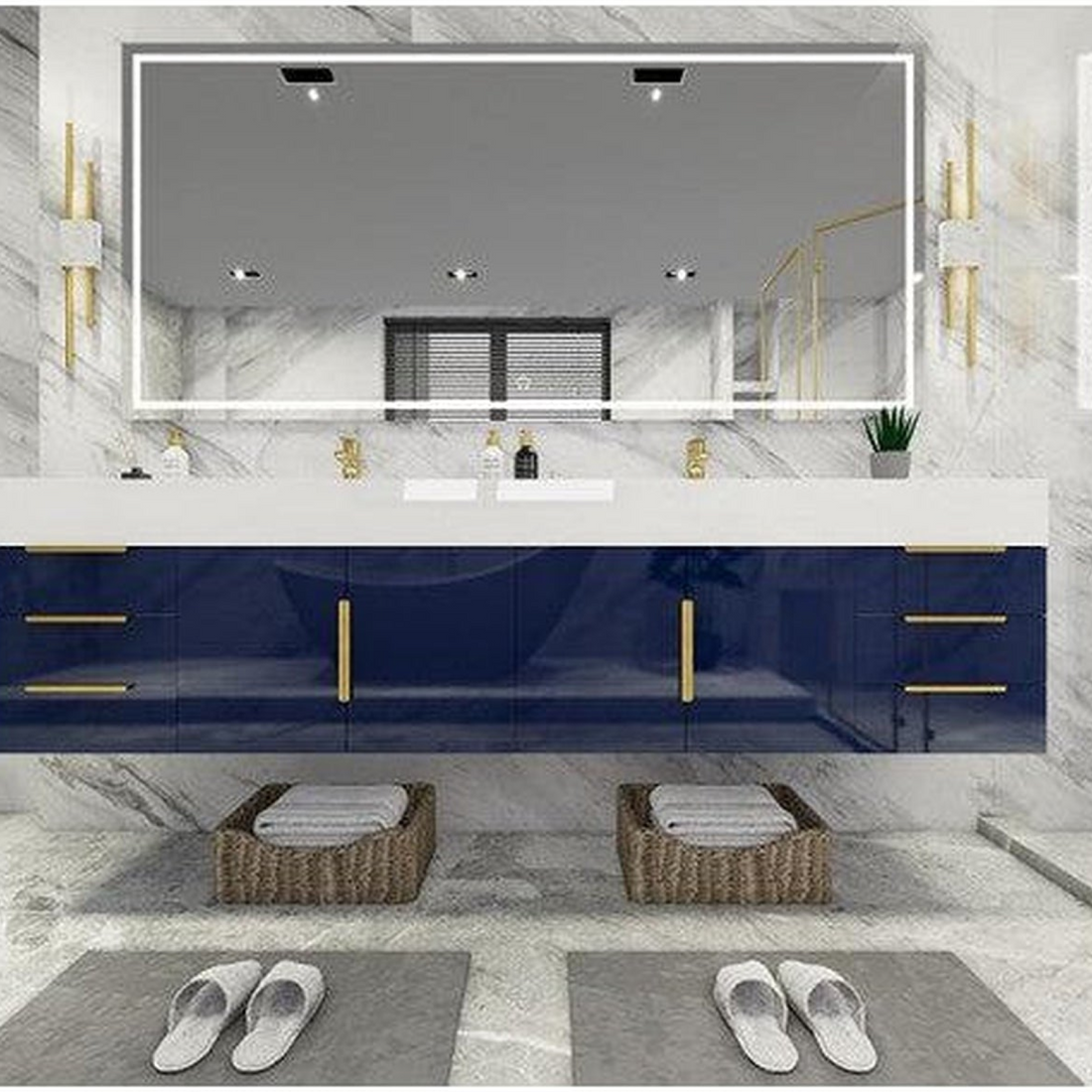 Elara 84" High Gloss Night Blue Wall-Mounted Vanity With Double Reinforced White Acrylic Sinks