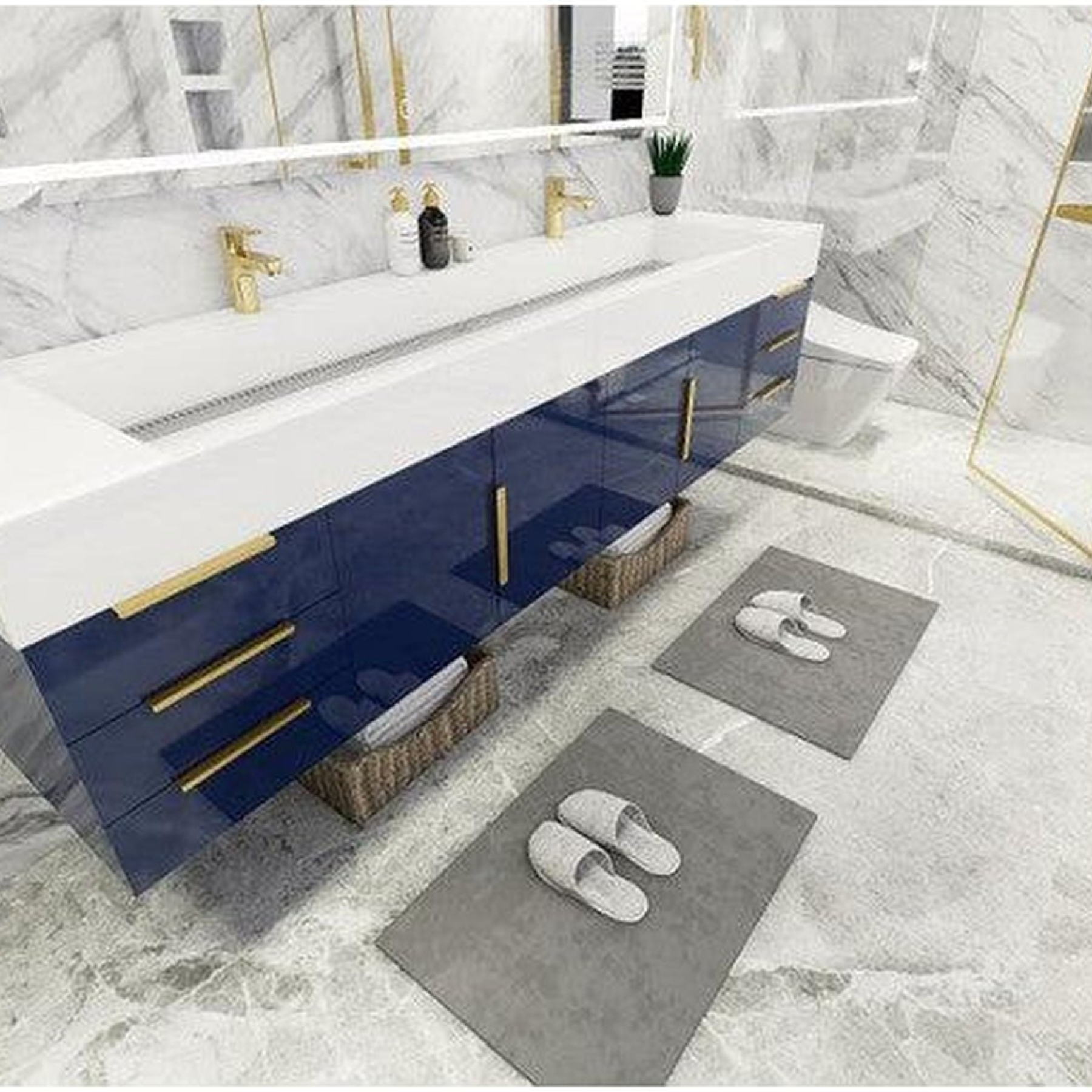 Elara 84" High Gloss Night Blue Wall-Mounted Vanity With Double Reinforced White Acrylic Sinks