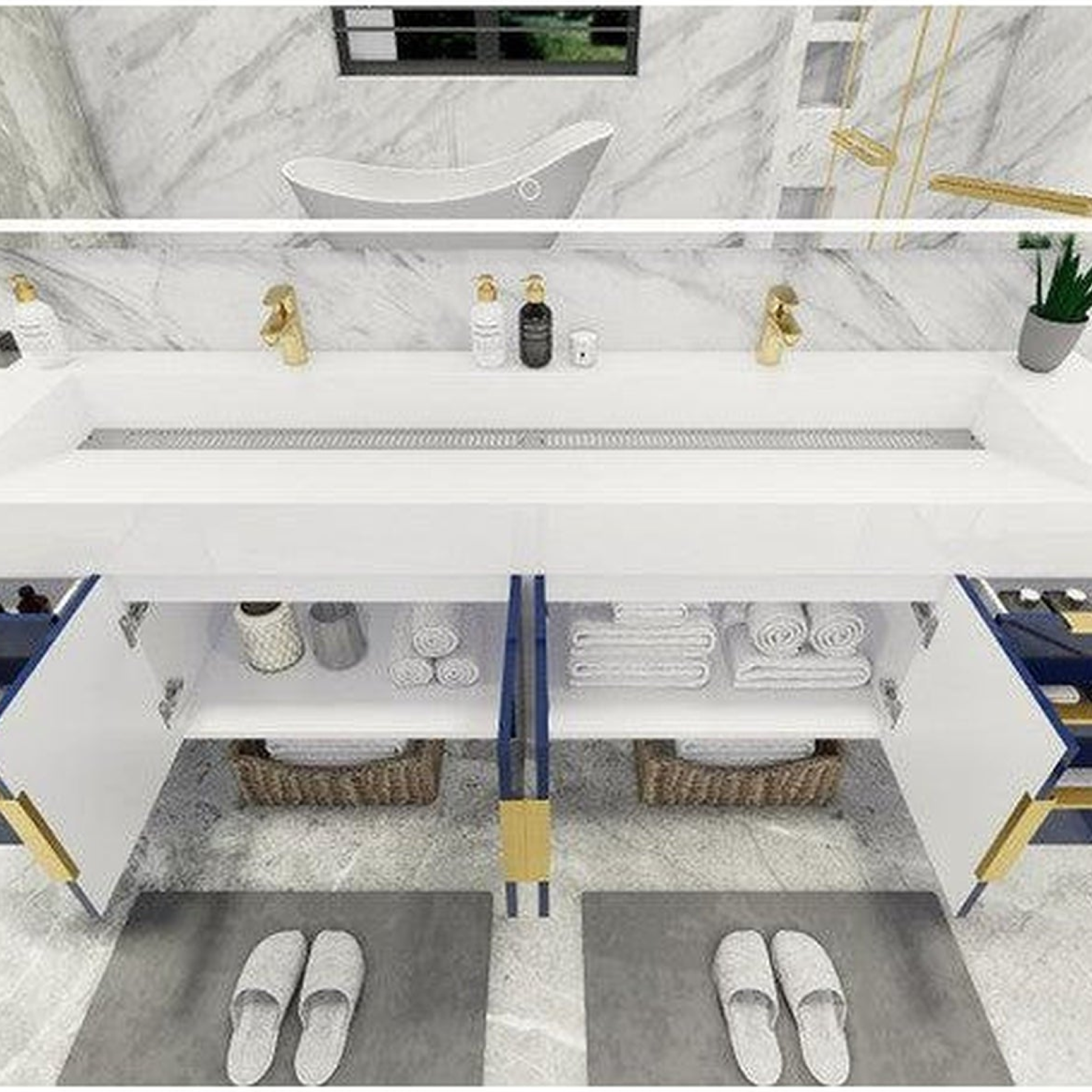 Elara 84" High Gloss Night Blue Wall-Mounted Vanity With Double Reinforced White Acrylic Sinks