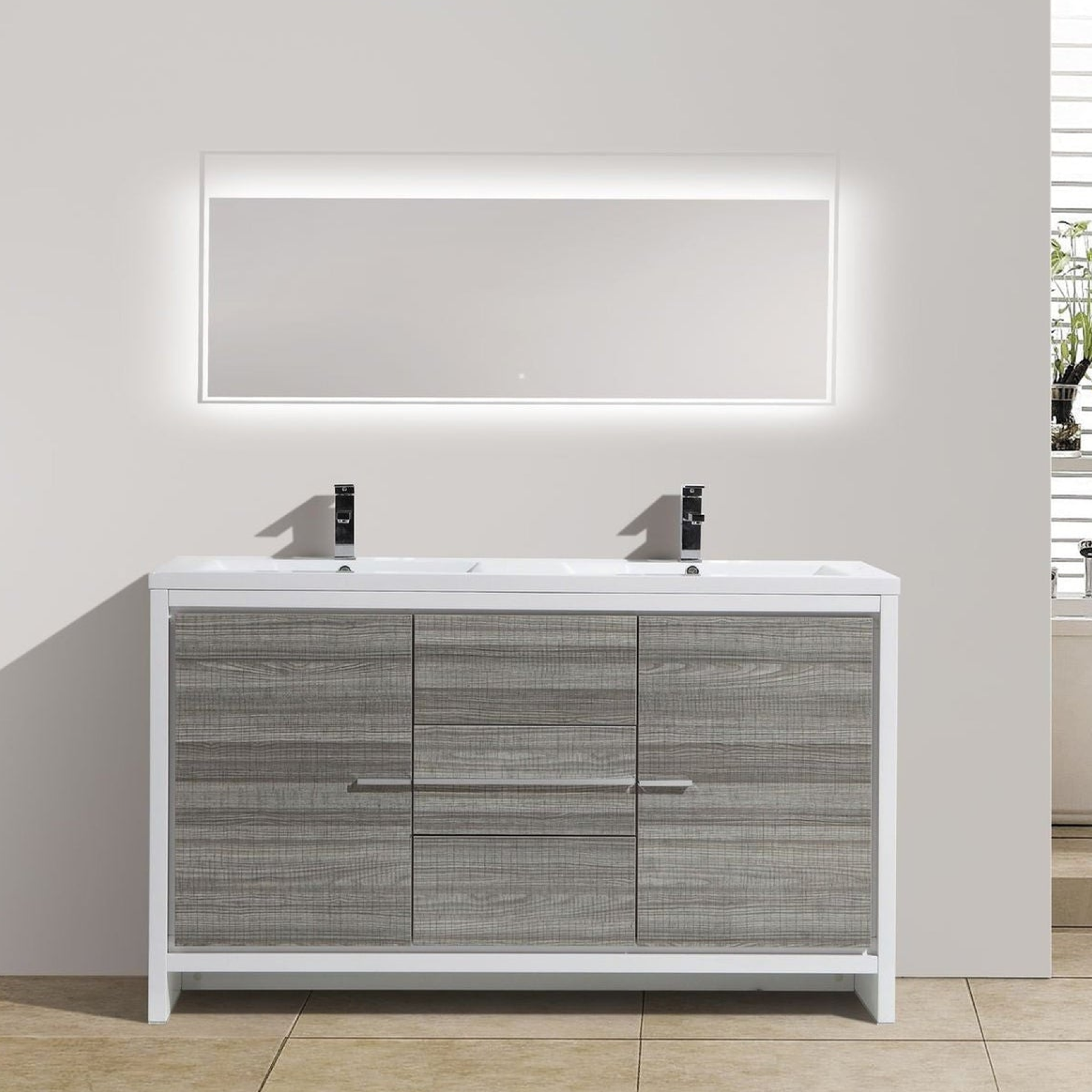 Amara 60" High Gloss Ash Gray Freestanding Vanity With Double Reinforced White Acrylic Sinks