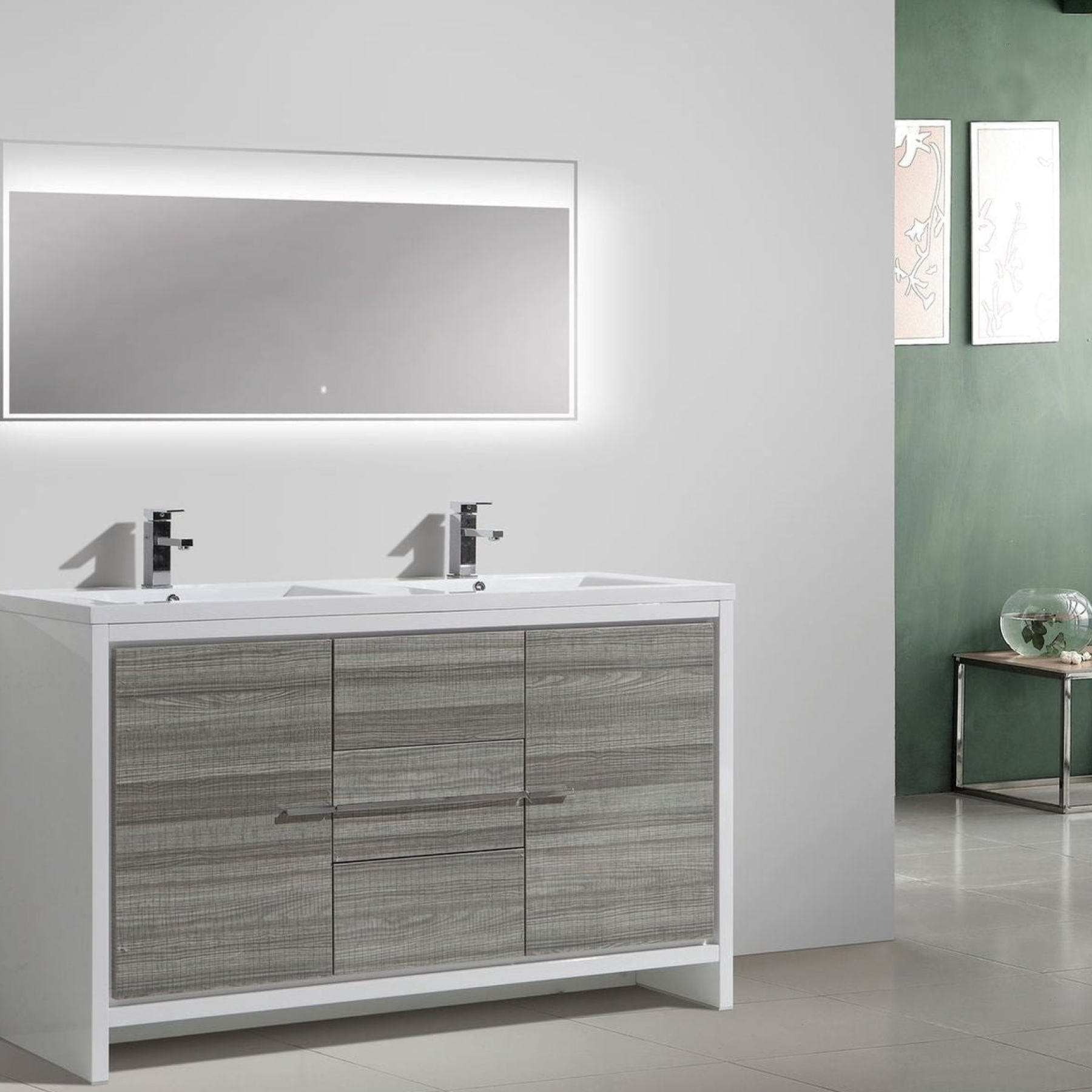 Amara 60" High Gloss Ash Gray Freestanding Vanity With Double Reinforced White Acrylic Sinks